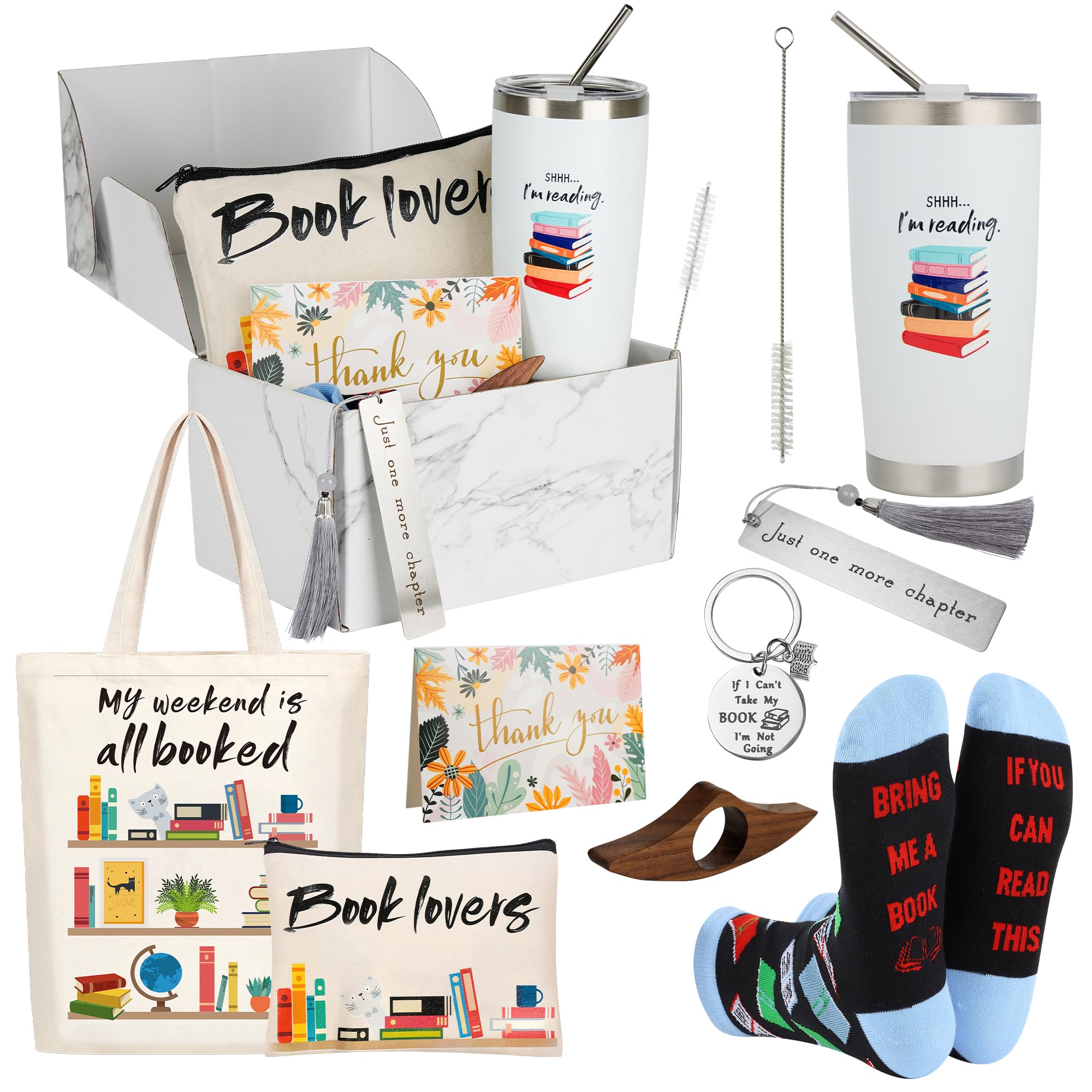 Kolewo4ever 11 Pieces Book Lovers Gifts Box Set Insulated Tumbler,Tote Bag,Makeup Bag,Socks,Keychain,Bookmark,Flipper
