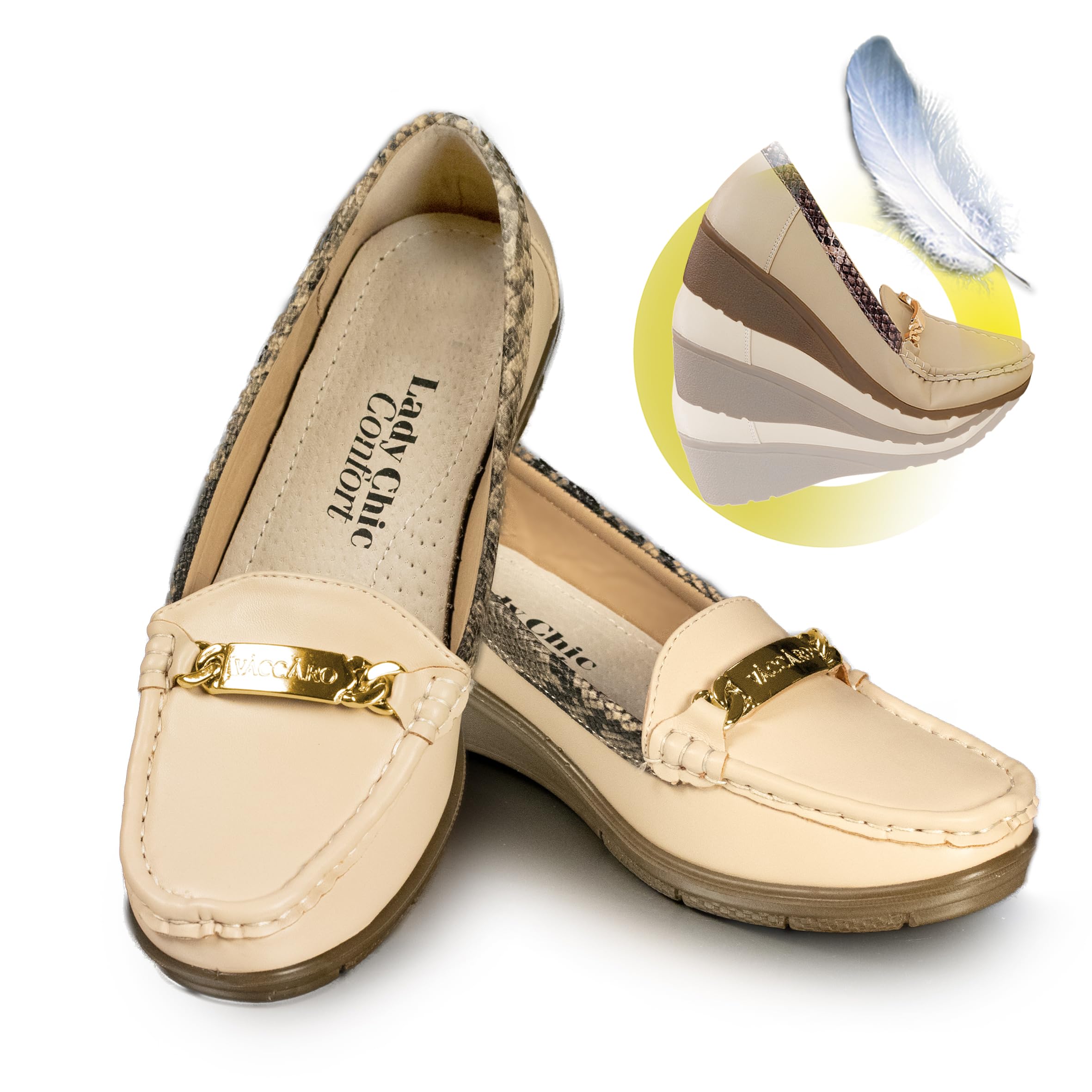 Zapatos señora Lady Chic Confort Fáciles de Poner: Ajustables. Horma Ancha: Flexibles. Plantilla Piel Acolchada. Cómodo Tacón de Cuña de 3,5 cm. Elegantes, Versátiles: 24 Horas de Comodidad