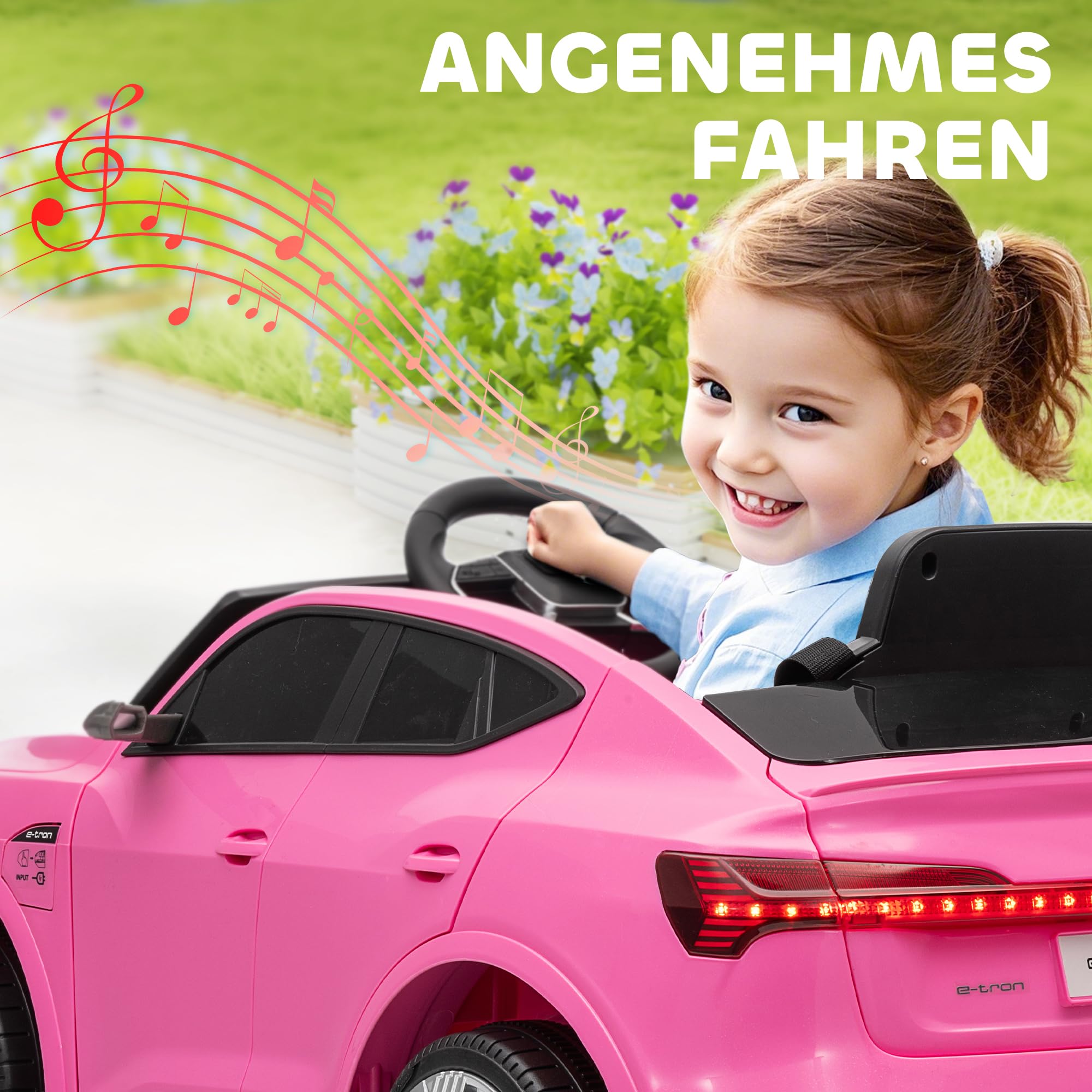HOMCOM Elektryczny samochód dla dzieci 12V Audi E-tron z pilotem, pasem bezpieczeństwa i muzyką (MP3/USB/TF), dla dzieci 3-5 lat, 3-5 km/h, Różowy