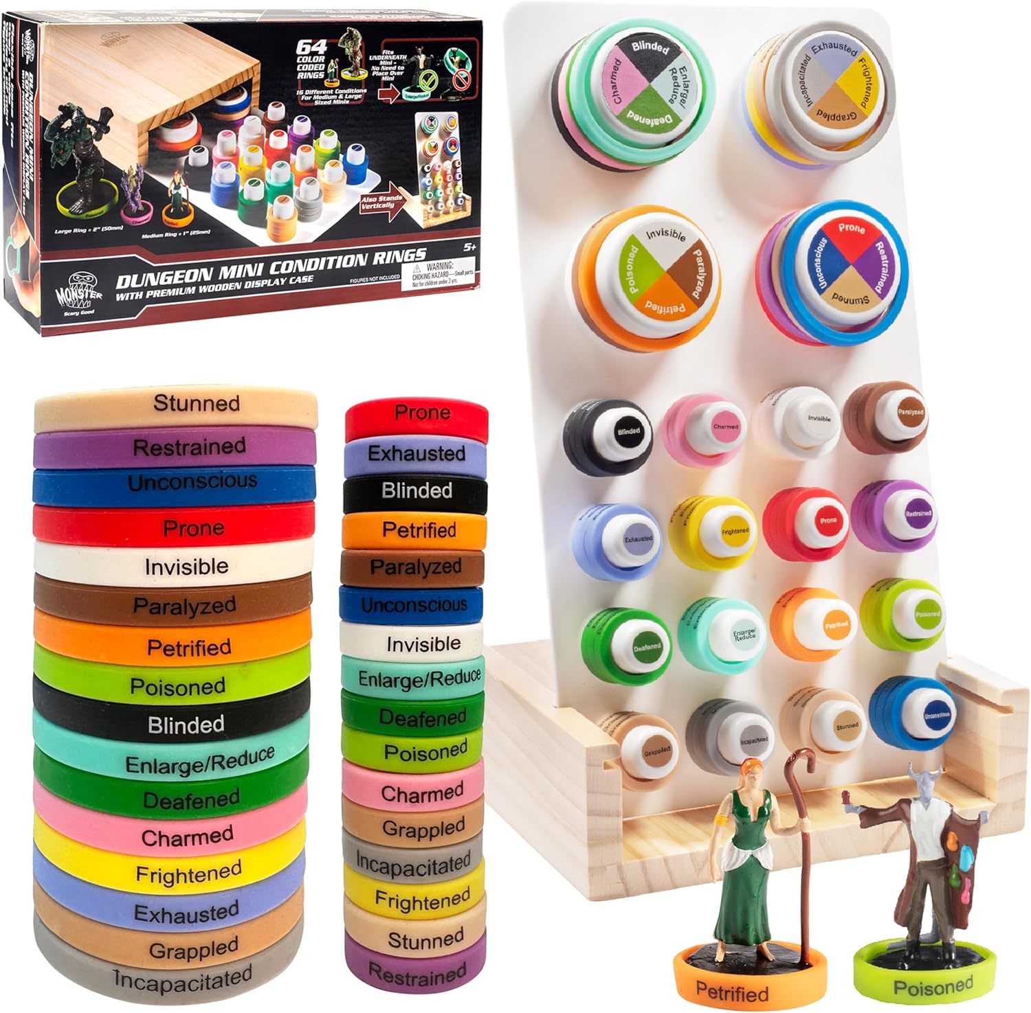 Deluxe Condition Rings w Wooden Case (64 Rings for Standard & Large) - 16 Conditions, DND Flexible Design- Easy Affix Base Slides Under Figure- Works with Dungeons Dragons, Pathfinder & All RPG Games