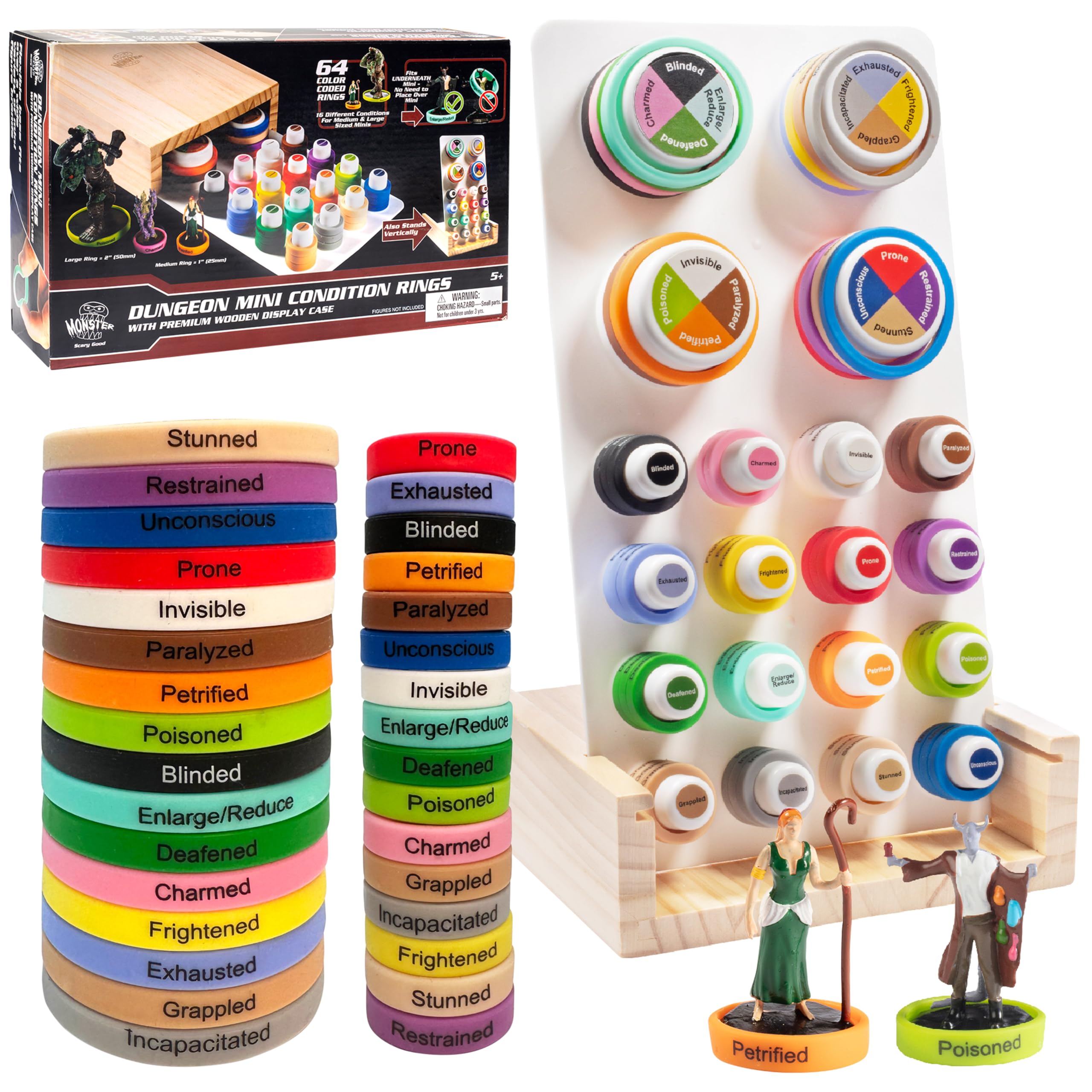 DND Flexible Condition Rings w Case (64 Rings for Standard & Large Mini Figures)- Easy Affix Base Slides Under Figure- PrePrinted w Status Effects- Works w Dungeons Dragons, Pathfinder & All RPG Games