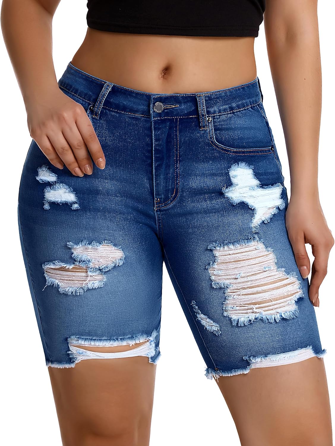 roswear Women Ripped Bermuda Denim Shorts Stretchy High Waisted Jean Shorts Knee Length