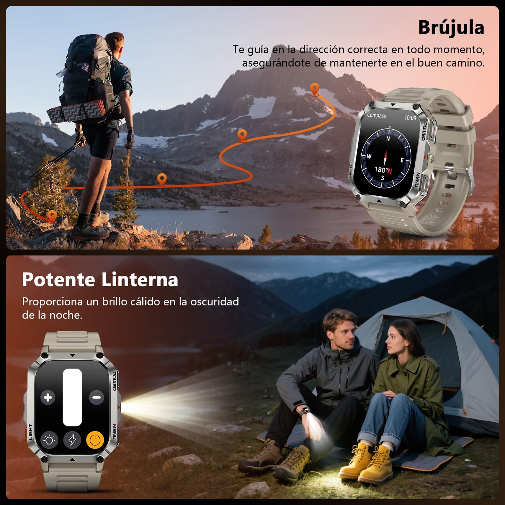 Blackview Reloj Inteligente Hombre Militar - Linterna y Brújula, 2.01"Smartwatch Hombre con 100+ Modos Deportivos, Llamadas Bluetooth/Notificación, Pulsómetro/Oxímetro/Sueño, Pulsera Actividad, Caqui