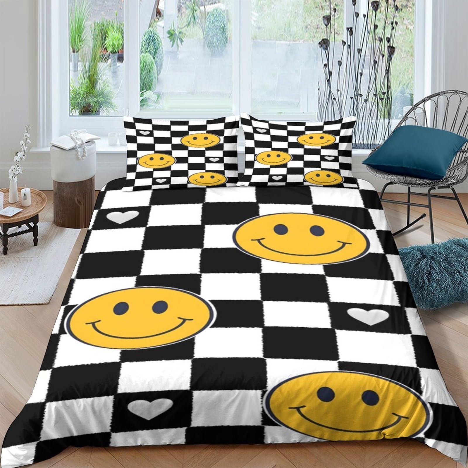 Ctjqhvkz Style-10 3D Printed Smiley Face Fitted Sheet Microfiber Soft Black White Checkerboard Bed Cover Anti-Slip Machine Washable For Bedroom Guestroom Single（135X200cm）