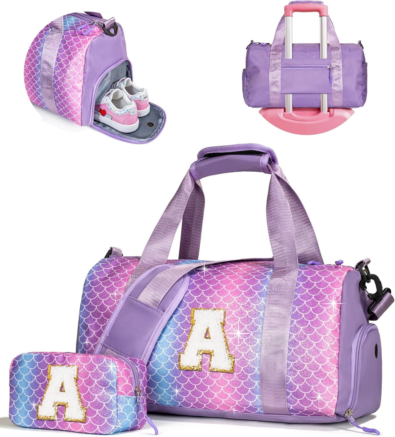 Vogewood Gifts for Teenage Girls-Birthday Gift for Daughter 3-12 Years Old-Girl Gym Bag with Shoe Compartment, Kid Personalized Dance Bags with Makeup Pouch, Gifts for Granddaughter/Kids (Letter A)