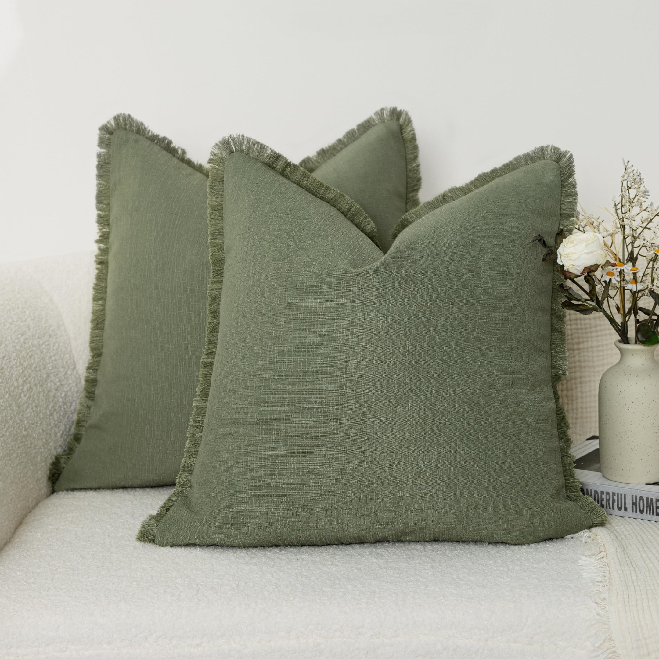 VOILYBIRD Linen Texture Boho Fringe Tassel Throw Pillow Covers Pack of 2 Decorative Farmhouse Couch Pillows Cushion Covers for Sofa Bed Living Room,