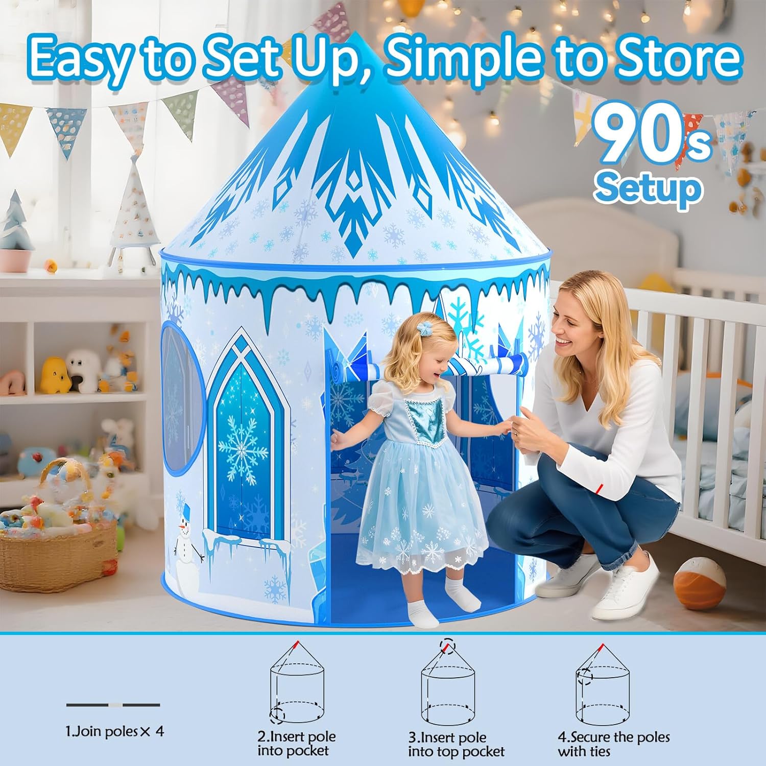 Girls Frozen Play Tent for Kids: Pop Up Baby Castle Playhouse Tent - Blue Children Tent Indoor and Outdoor Toys for Toddlers Birthday Gift