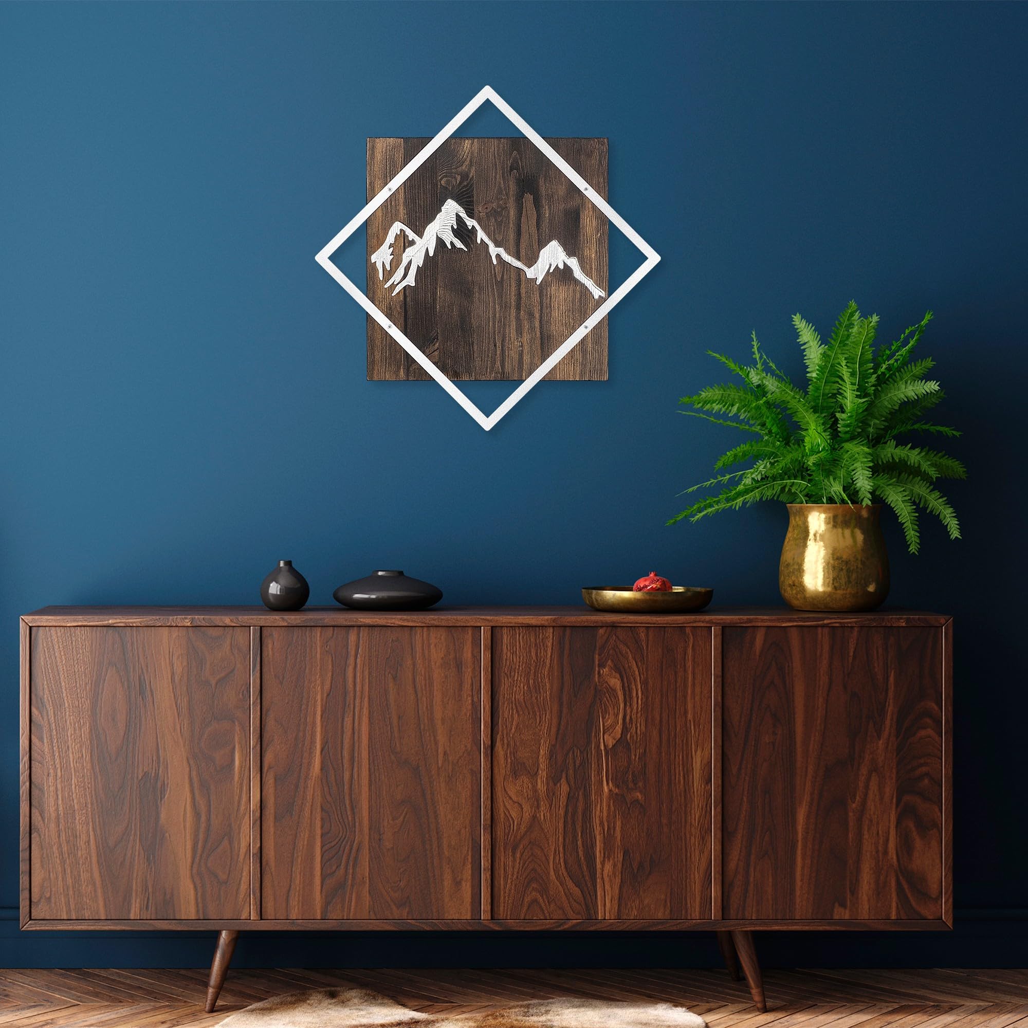 Elegant Decorative Wooden Wall Accessory, 54 x 54 cm, Walnut & Silver, 50% Wood (3 cm) & 50% Metal (1.5 mm), Wall Mountable, Unique Design