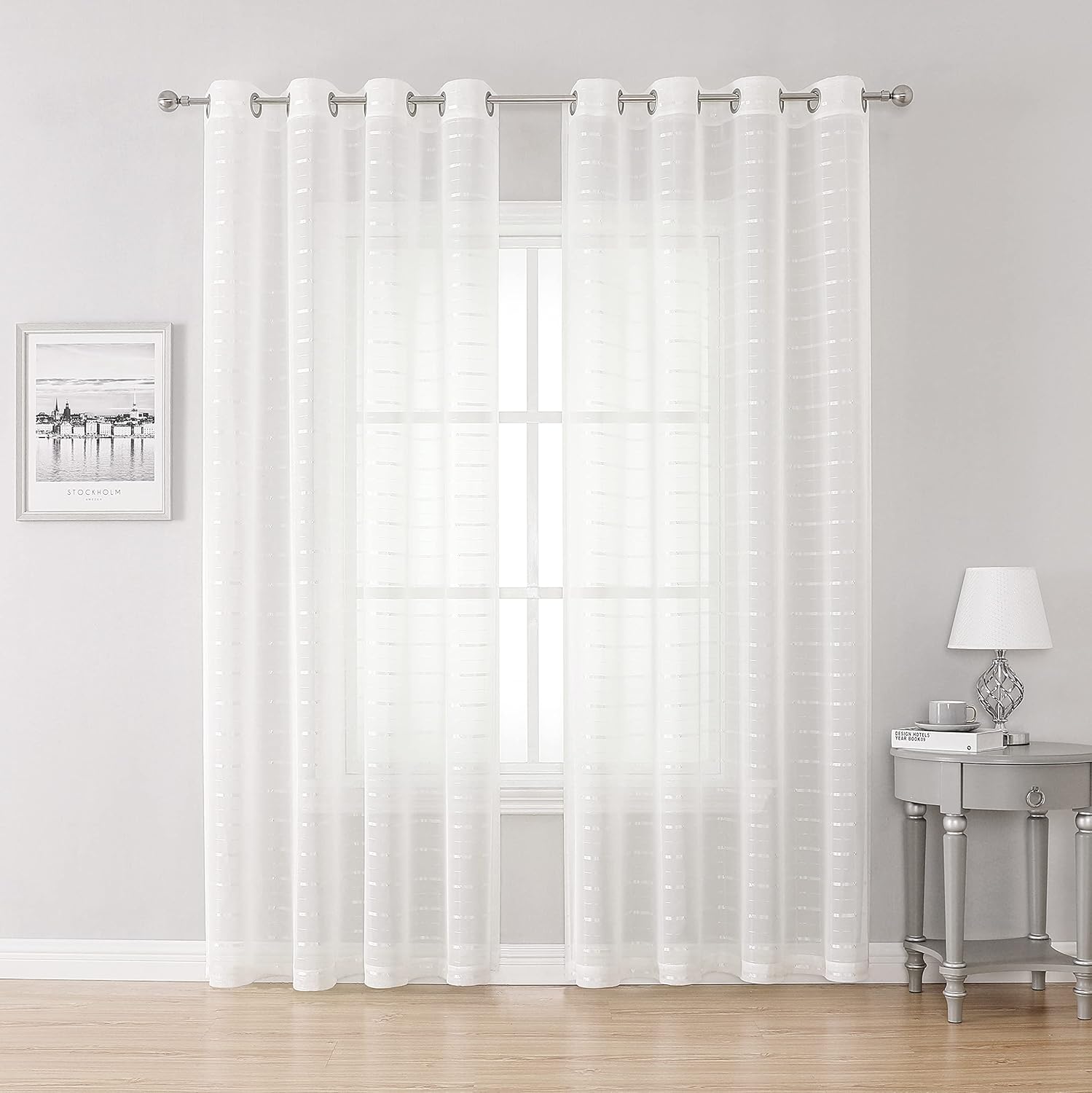 Sheer Curtains White Plaid Semi Voile Light Filtering Drapes Pair for Bedroom Living Room, Set of 2 Grommet Top Window Curtain Panels (Each 54 x 84 Inch, Off White) 54"W x 84"L (Pack of 2) Off White