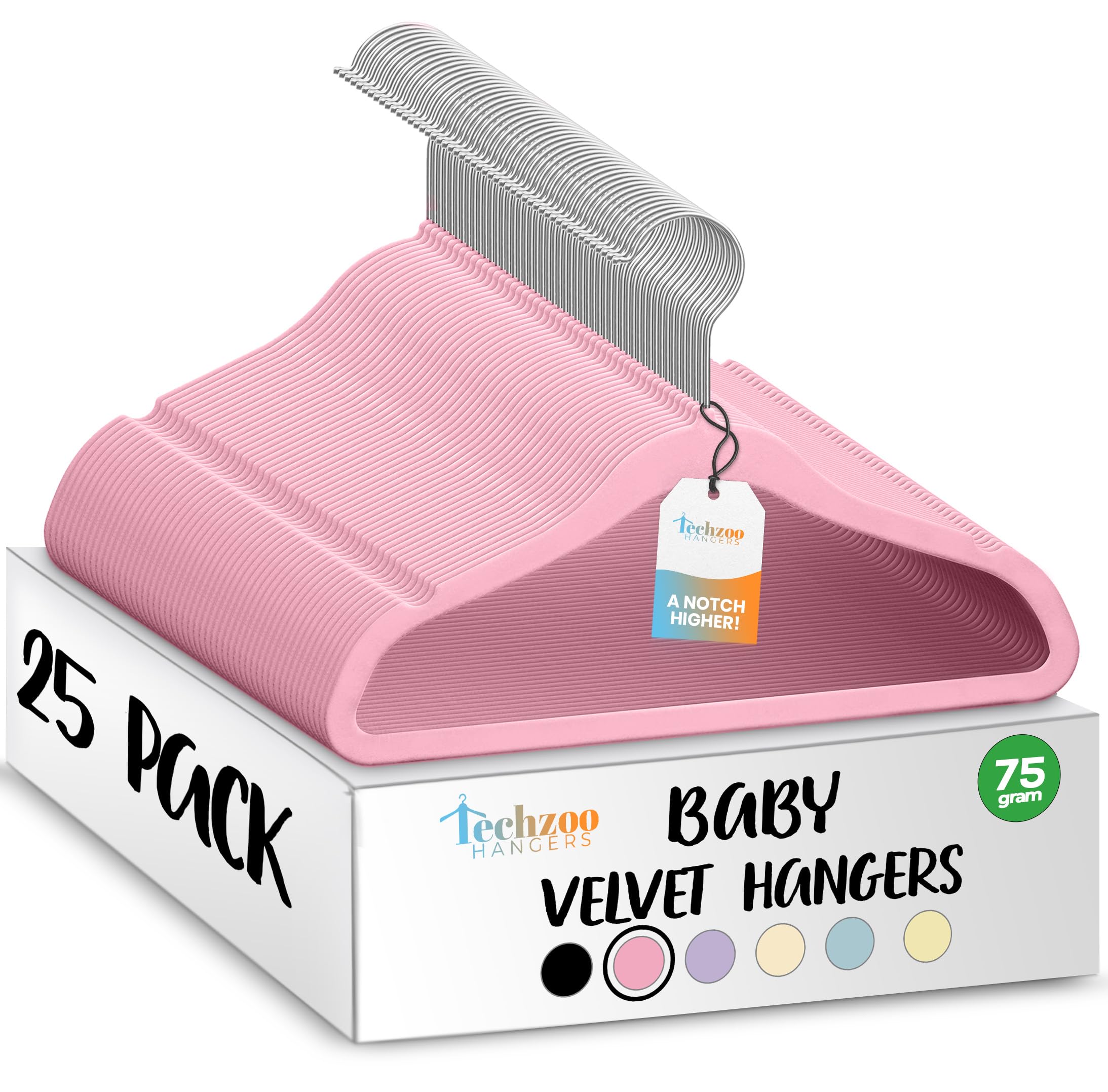 TechZoo 25 Premium Baby Velvet Hangers - 11.8 Inches Non-Slip &amp; Ultra-Slim Baby Hangers for Space-Saving &amp; Children Clothes - 360 Swivel Hook, Strong &amp; Durable Infant &amp; Toddler Clothes Hanger - Pink