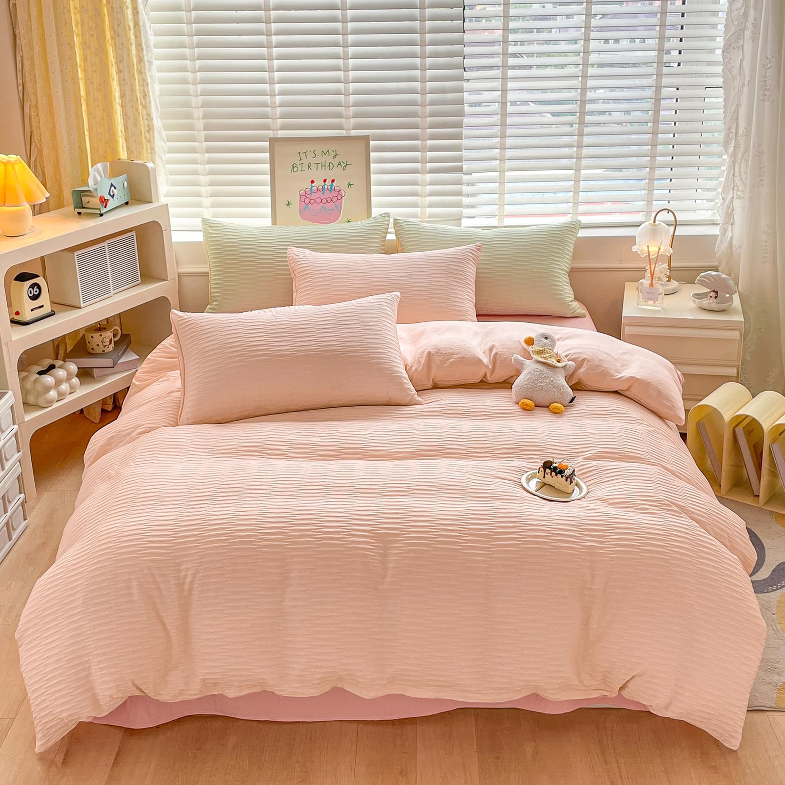 Seersucker Duvet Cover Set King Size Beddding Set including Pillowcases for Teens Adults Soft Microfiber Polyester Seersucker Bedding - Image 2