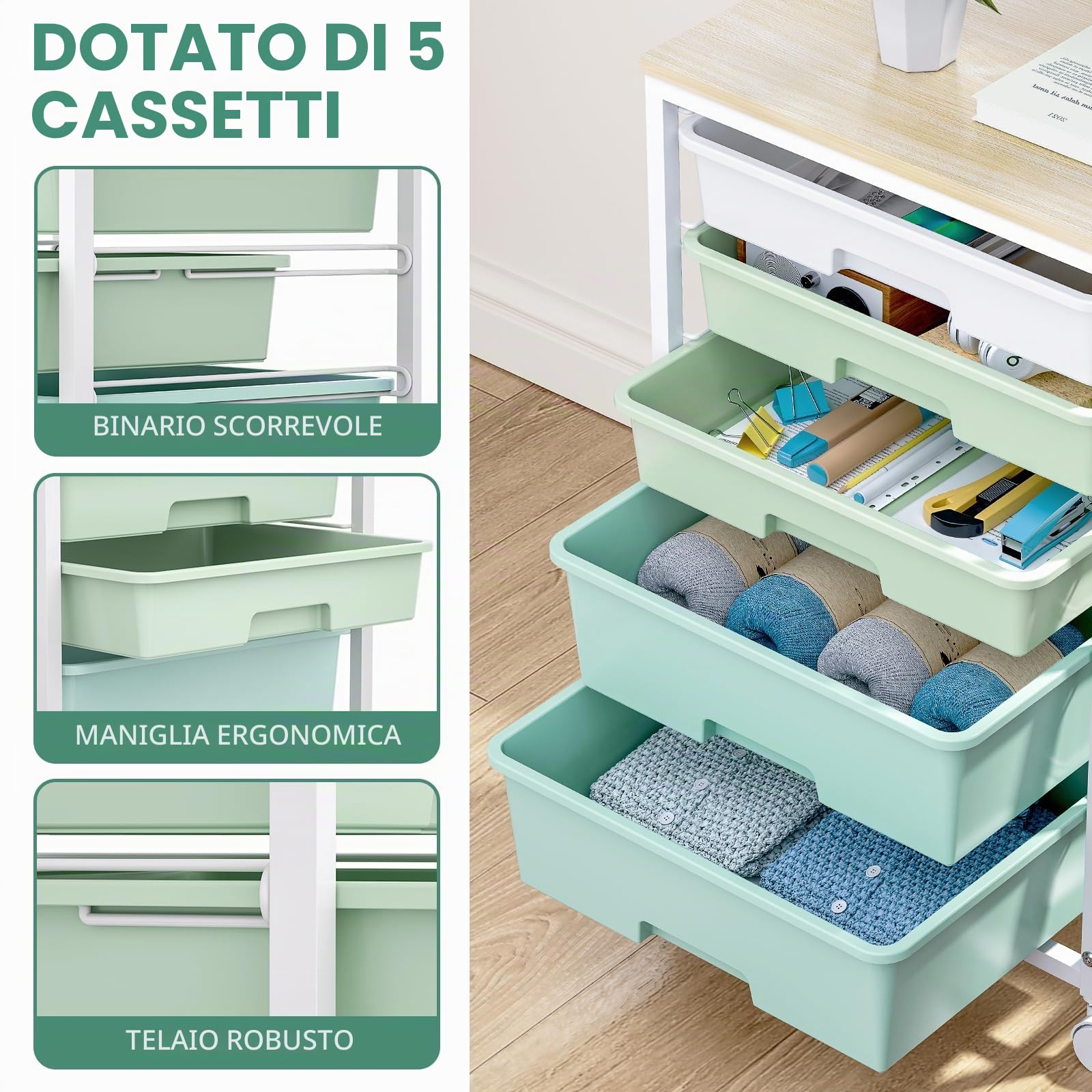 SYKIARIOL Carrello da bagno con ruote con 5 cassetti, verde | Carrello a rotelle con ruote con coperchio in legno per cucina, soggiorno, camera da letto, ufficio