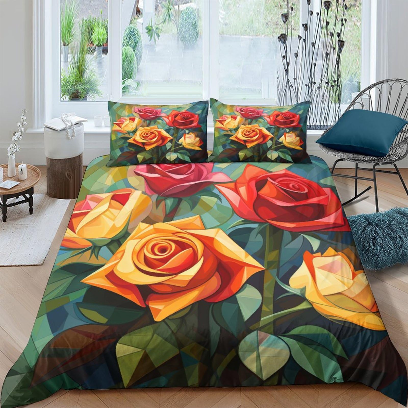Housse de couette roses parure de lit 3 pièces pour garçon fille et homme 200 cm