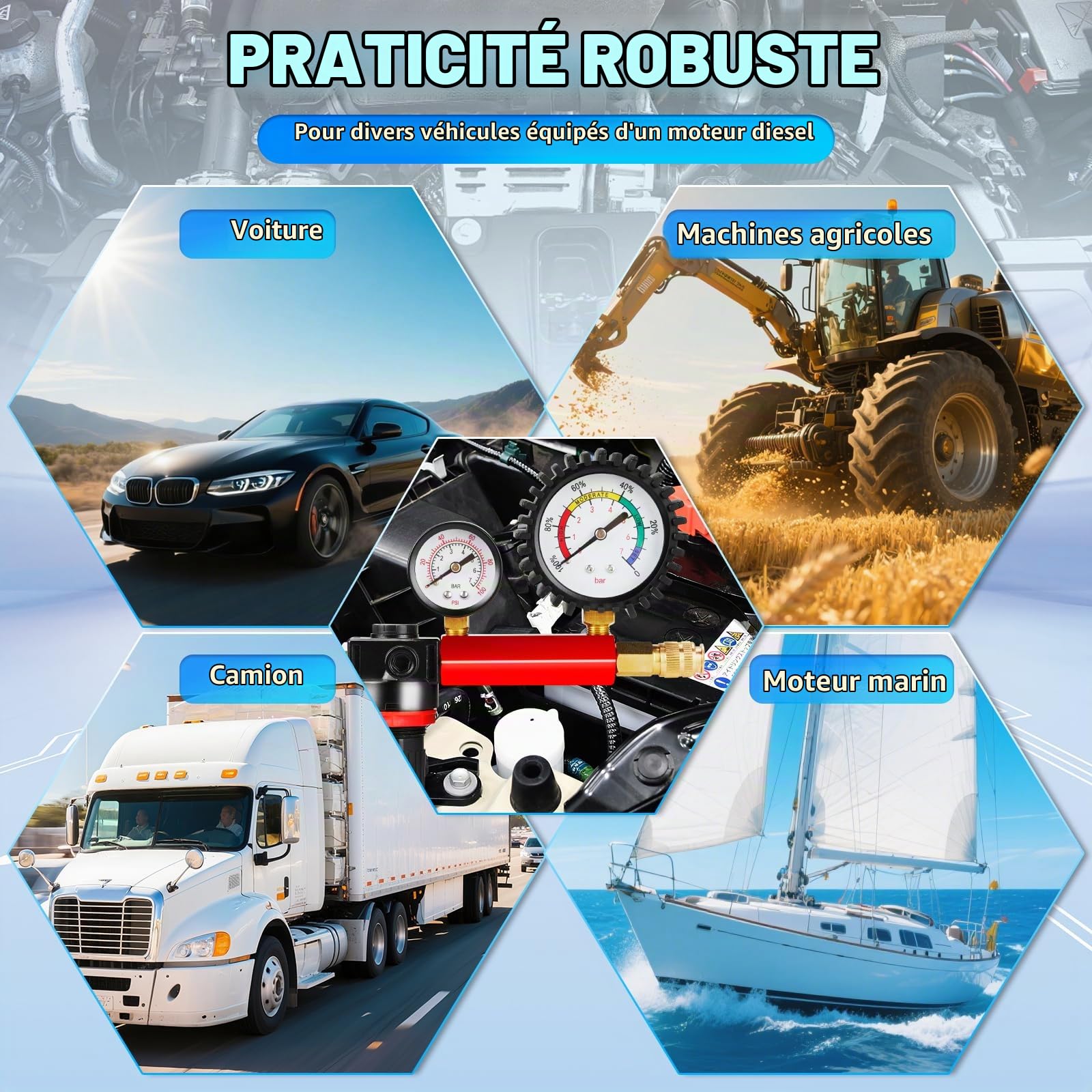 D-Lumina Testeur de Compression Professionnel 46 Pièces, Testeur de Fuite de Pression de Moteur Diesel et Essence avec Adaptateur pour la Plupart des Moteurs de Voiture, Camion, Agricoles et Marins.