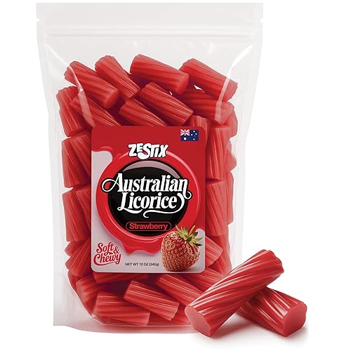 Sabor australiano de regaliz y fresa Dulce de regaliz rojo suave y masticable, bolsa de 12 onzas Giros de frutas para aperitivos, bufés de dulces,