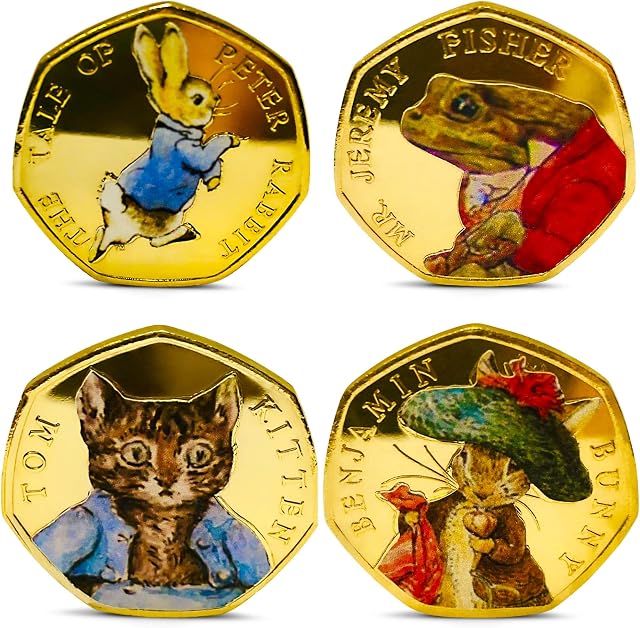 Beatrix Potter 50p coins Full set x 4 Uncirculated 2017 24ct Gold Plated Full Colour fifty Pence coins Set Peter Rabbit Tom Kitten Jeremy Fisher Mr Benjamin Bunny (Full Set 2017)