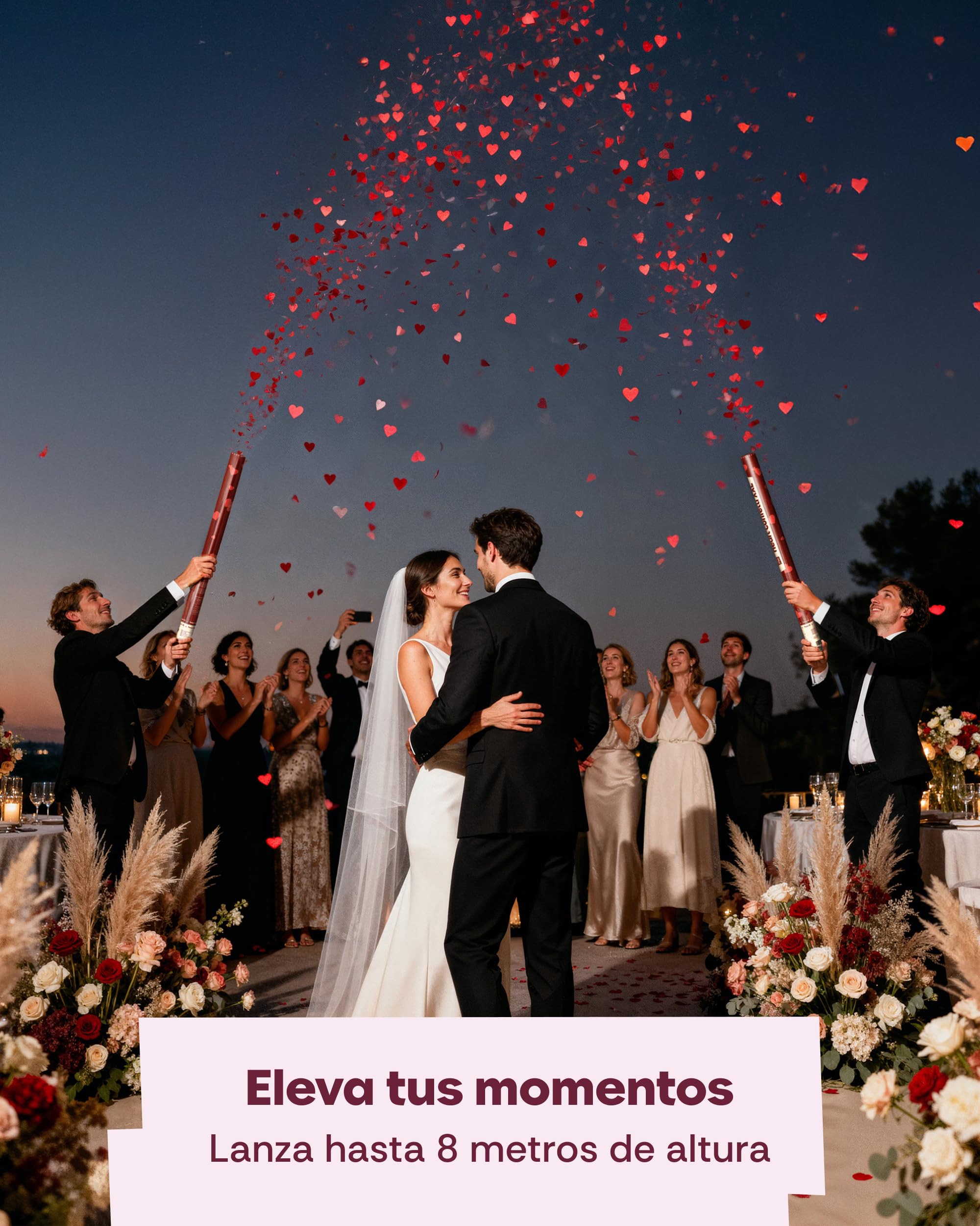 5 Cañones de Confeti Boda 80 cm Corazones Rojo – Biodegradable