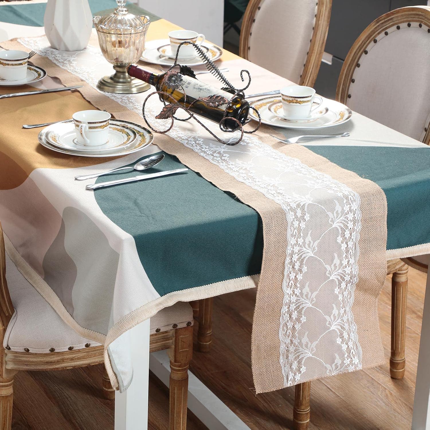 Shimeyao 12 Pcs Burlap Table Runner 11.8 x 70.9 Inch White Lace Table Cover Rustic Country Wedding Decor Jute Linen Vintage Table Cloth for Party Farmhouse Home Engagement Holiday Birthday Party Favor