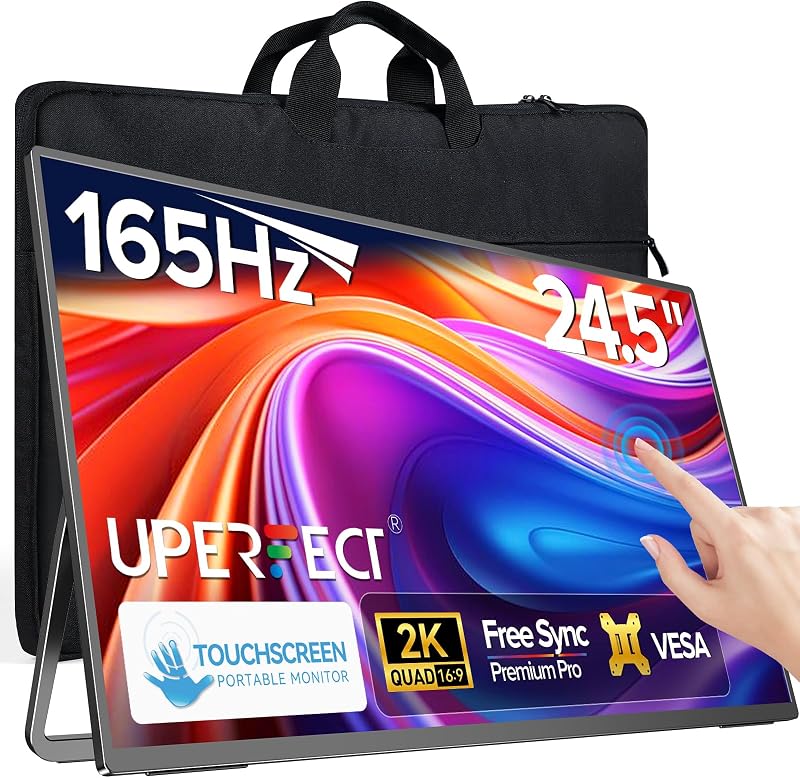 UPERFECT QLED Portable Monitor Touchscreen 24.5'' 165Hz Gaming Monitor 2K 125% sRGB 2000:1, FreeSync 0.1ms, Built-in 180° Adjustable Stand/VESA, USB-C HDMI Second Screen for Laptop PC Game Console