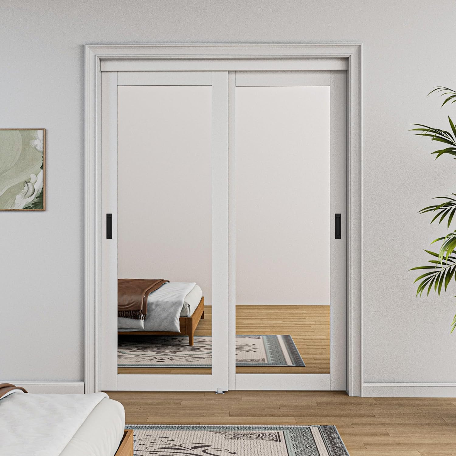 Bypass, 60" x 80" Sliding Closet Door, Double 31" Panels with One Side Mirror, Primed & Paintable Surface, White, Pre-Assembled Panels & Hardware Kit for Bedroom/Closet/Laundry