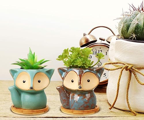Miniatura 6 de 4 macetas de cerámica de dibujos animados con orificio de drenaje y bandeja de bambú, macetas de cerámica para suculentas para el hogar, oficina,