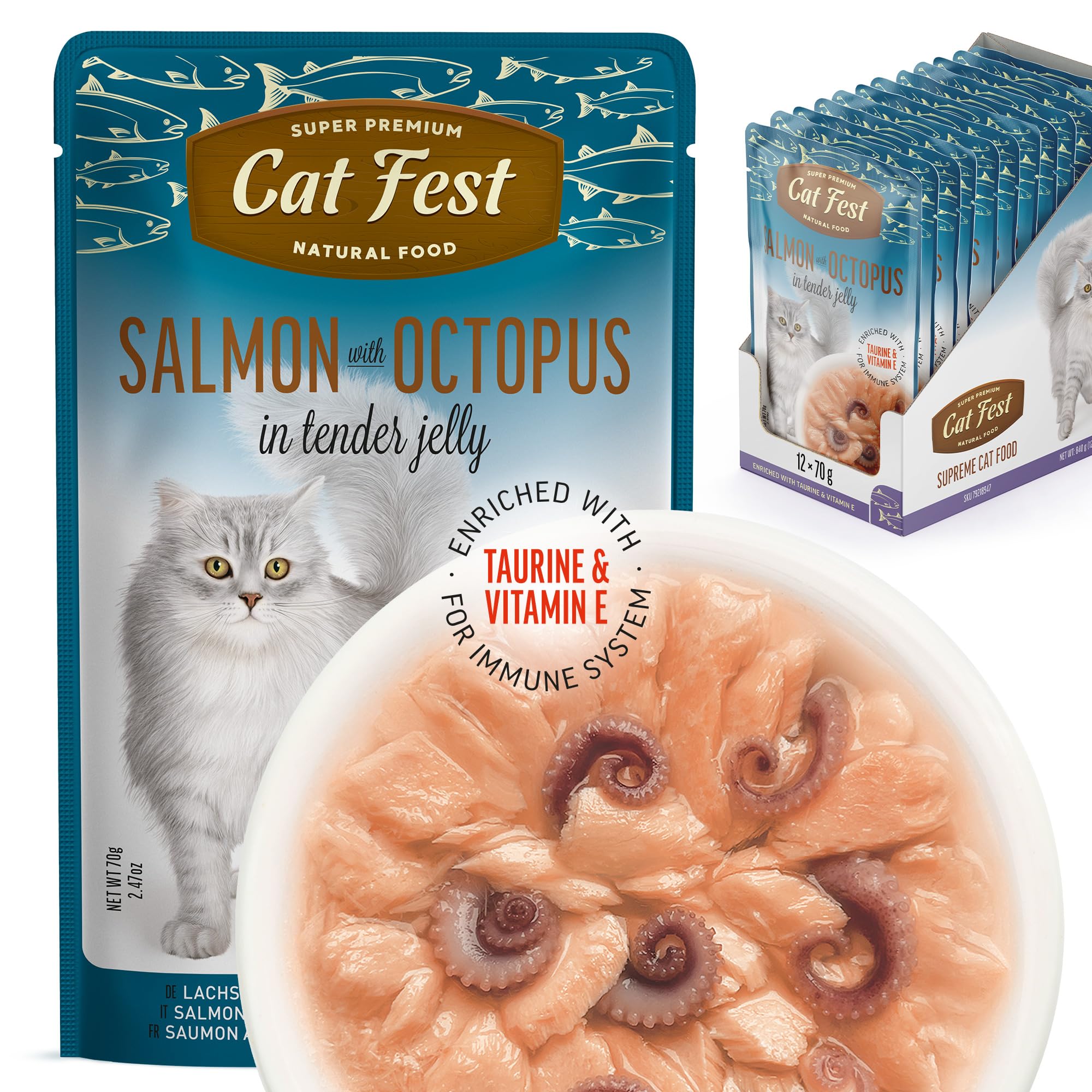Cat Fest Salmon Fillets with Octopus in Tender Jelly, 100% Natural Wet Cat Food Pouches, High Fish Content, Enriched with Taurine, Vitamin E & Fish Oil, 12 x 70g