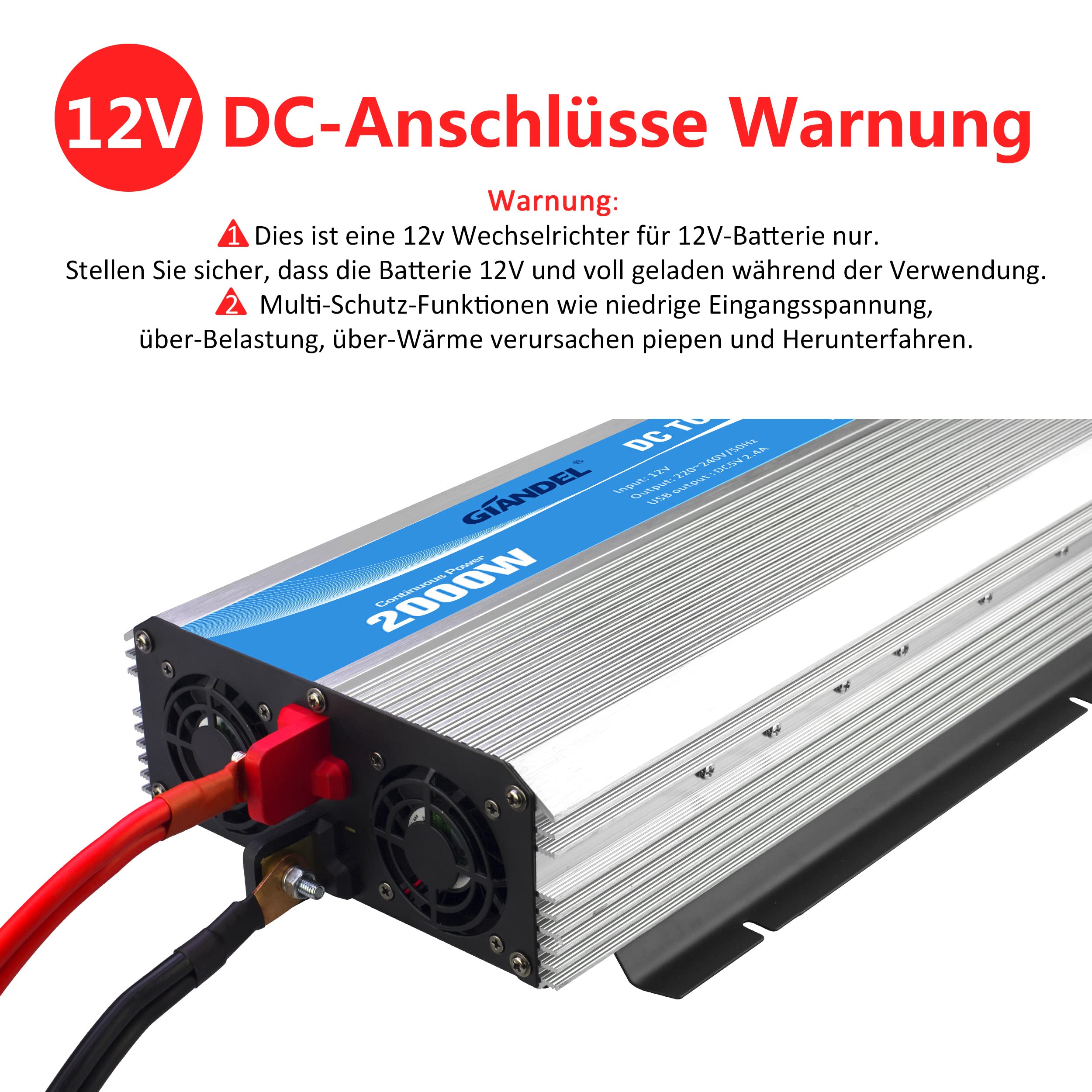 GIANDEL 2000W Modifizierter Welle Wechselrichter 12V auf 230V Spannungswandler Kompatibel Lithium-Batterie, mit Fernbedienung LED-Anzeige USB für Wohnmobil Umwandler-Inverter Konverter