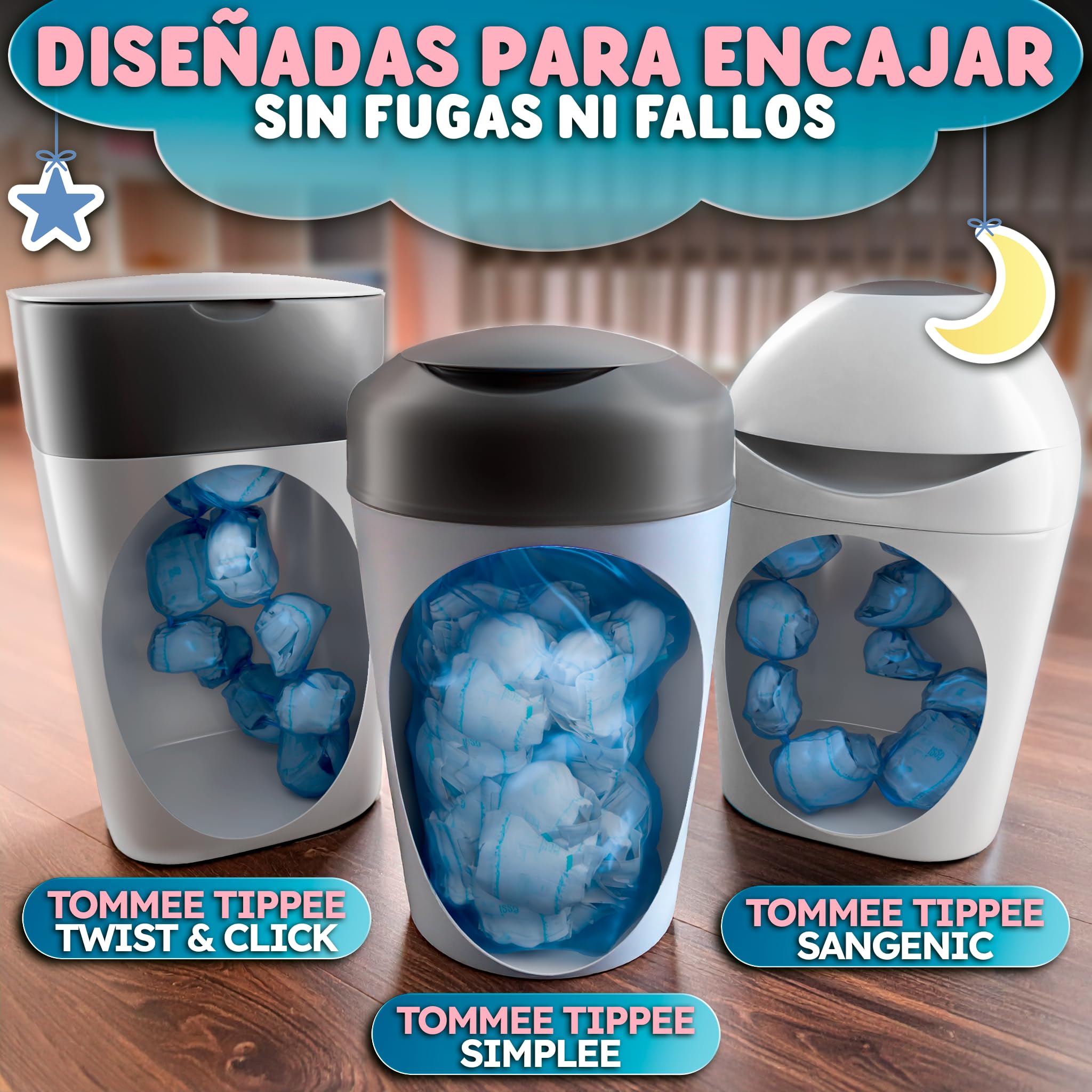 Pack 12 Recambios Papelera Pañales XL – 6 Metros por Unidad (72M Totales) – Aroma Talco Bebé – Bolsa Pañales Compatible Tommee Tipee Twist & Click, Simplee Sangenic, Sangenic Tec