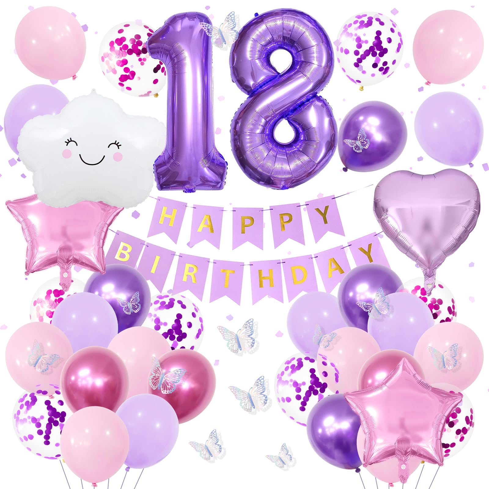 18th Purple Birthday Decorations for Girls, Pink Purple Party Decor with Number 18 Balloon, Butterfly Stickers, White Cloud Balloon, Star & Heart Foil Balloons, Birthday Banner Party Supplies — image 1