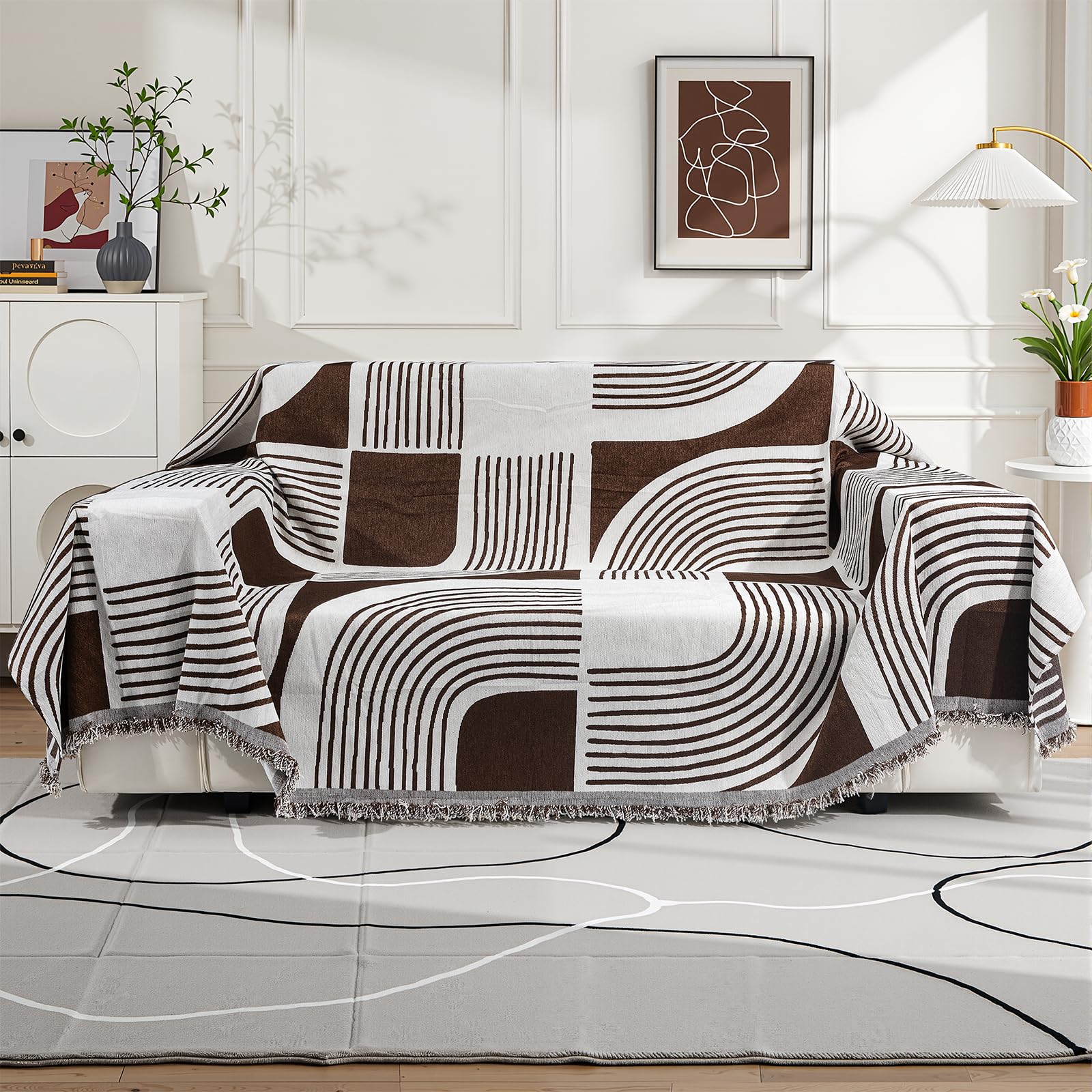 HUAXITRA Chenille Sofa Cover for 3 Seater, Soft Washable Boho Couch Cover Slipcover with Tassel, All-Season Protection Couch Cover for Dogs, Couch Protector L Shaped Sofa Cover (Coffee, 180x380 cm)