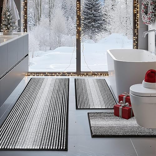 Miniatura 1 de BSICPRO Juego de alfombras de baño de 3 piezas, tapetes de baño en forma de U, tapete de baño de felpilla antideslizante absorbente a rayas largas,