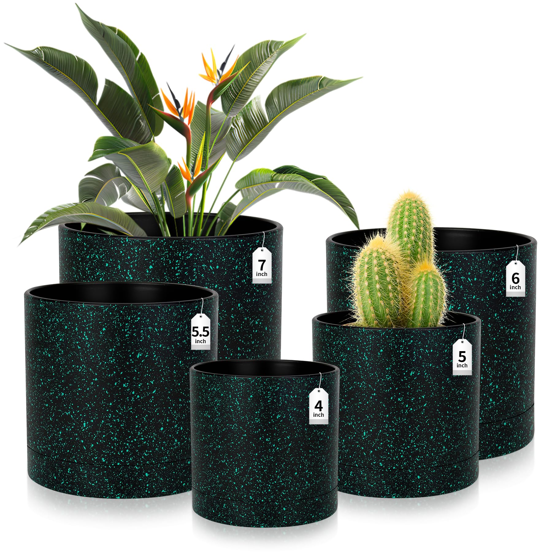 CSYY Plant Pots Indoor, Plastic Plant Pots, Flower Pots Outdoor Self Watering Indoor Plant Pot with Drainage Holes and Tray, Plastic Planter for Garden House Plants (Black and Green, 7/6.5/6/5/4) — image 1