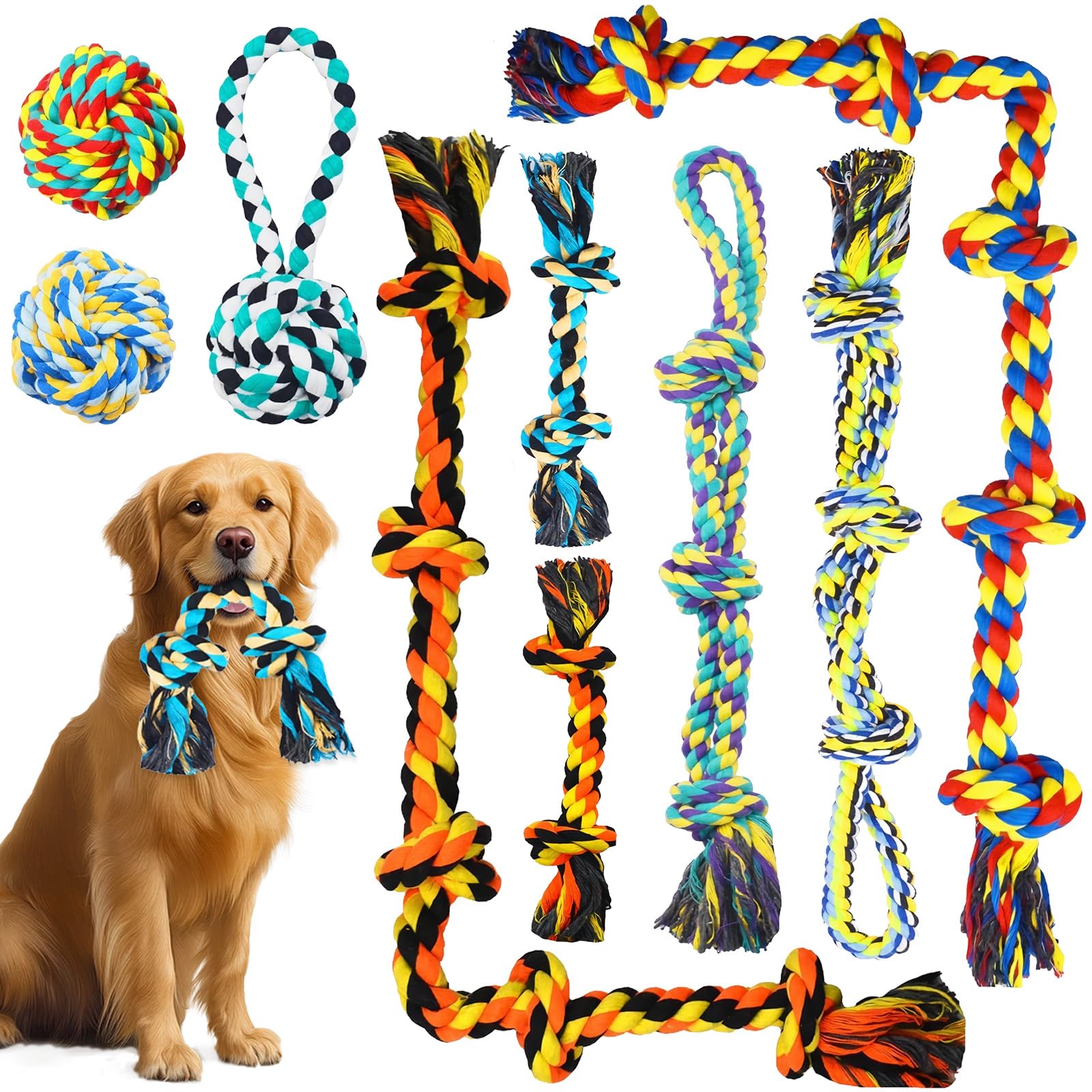 9Pcs Giocattoli Corde Cani Grandi, 5 Nodi Giochi Dentizione Interattivi Masticatori Aggressivi Resistenti, Gioco Corde Cane Masticare Cotone Indistruttibile per Pulizia Denti Masticazione Aggressiva