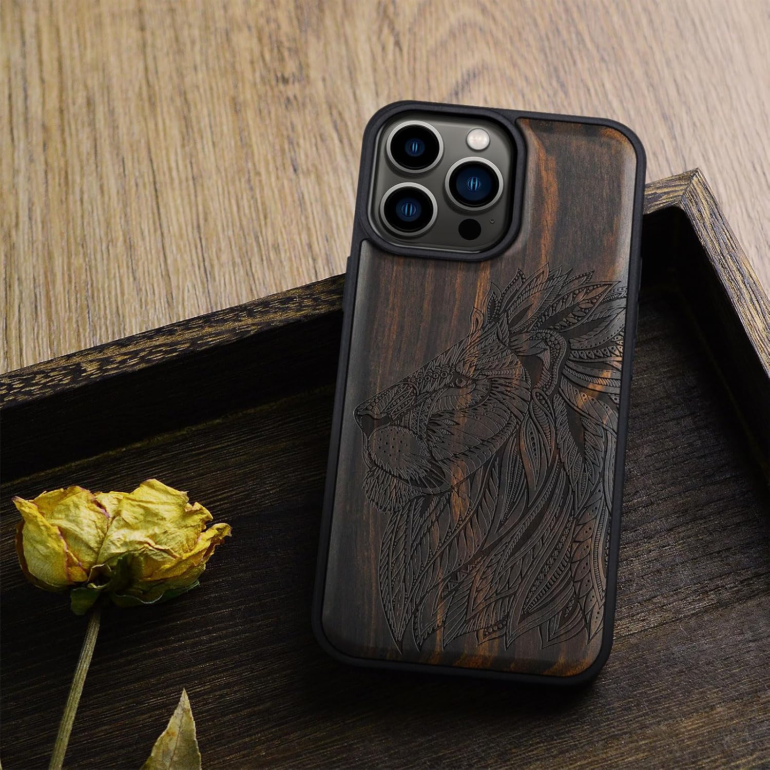Carveit Magnetic Wooden Case for iPhone 15 Pro Max Case, Compatible with MagSafe Wireless Chargers, Black Soft TPU Shockproof Cover & Wood Artisan Engraved (Ornate Lion's Head) - Blackwood