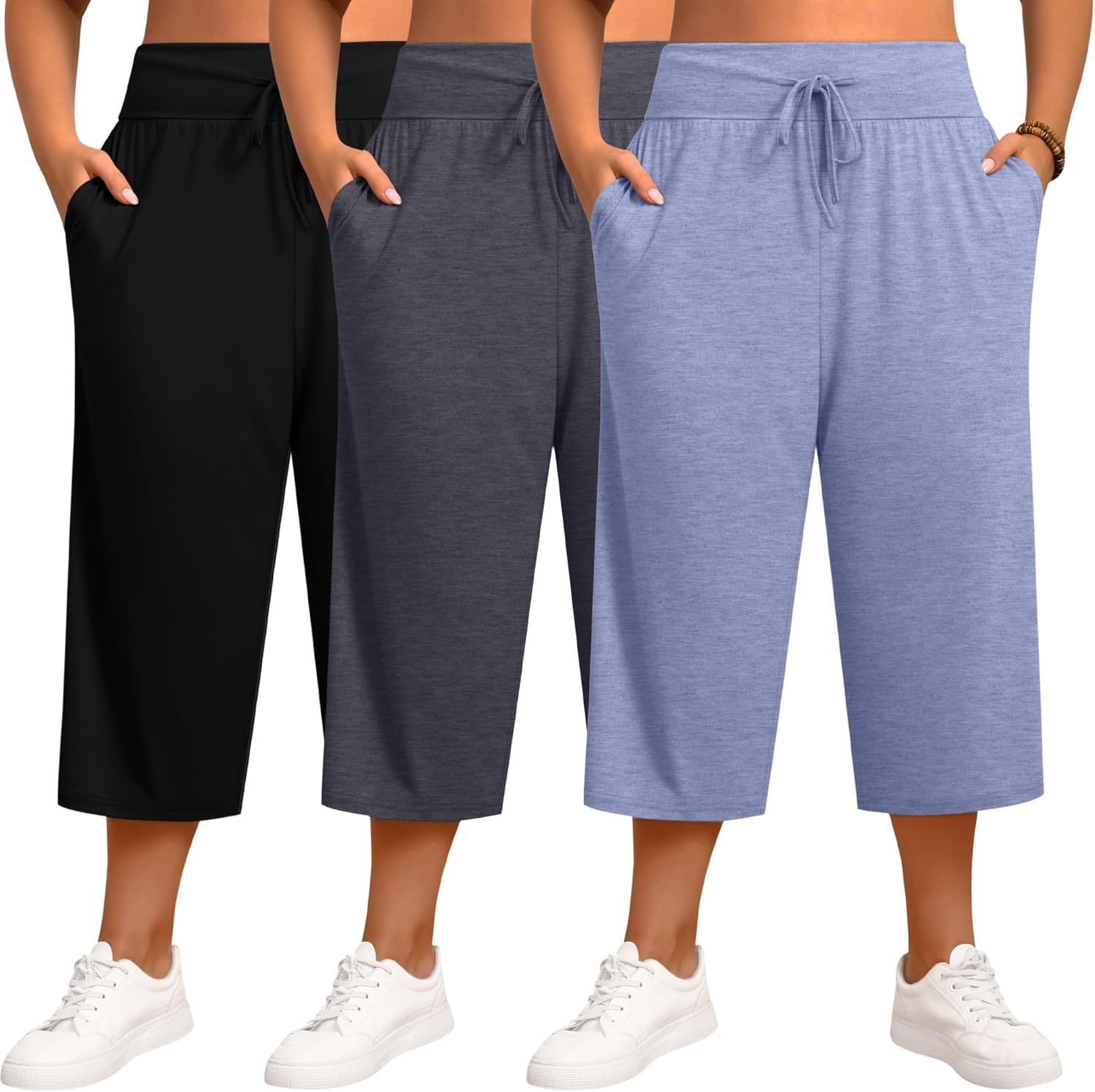 Neer 3 Pack Women's Capris Plus Size Yoga Lounge Pants Wide Leg High Waist Drawstring Cropped Sweatpants with Pockets