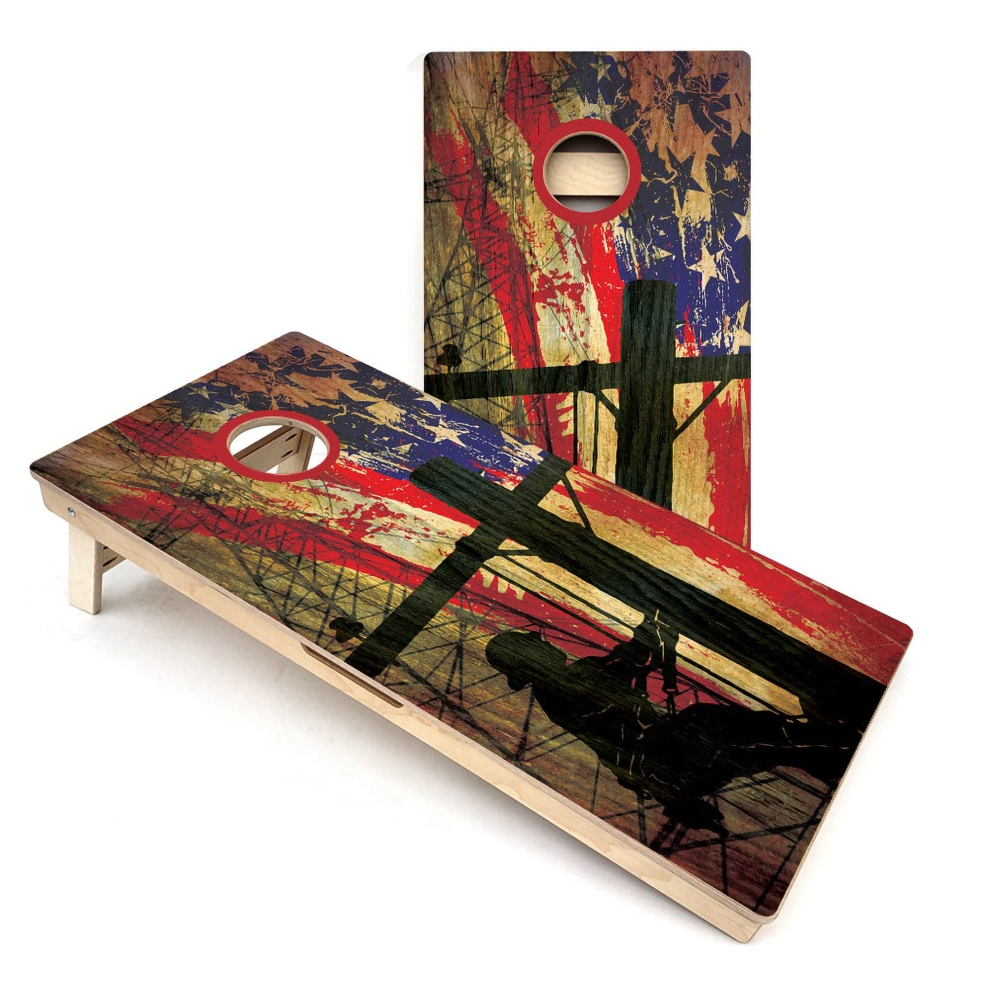 Skip's Garage Lineman Faded USA Flag Cornhole Boards - Includes (2) Boards (Resin Bags) + (1) Case & (2) Hole Lights