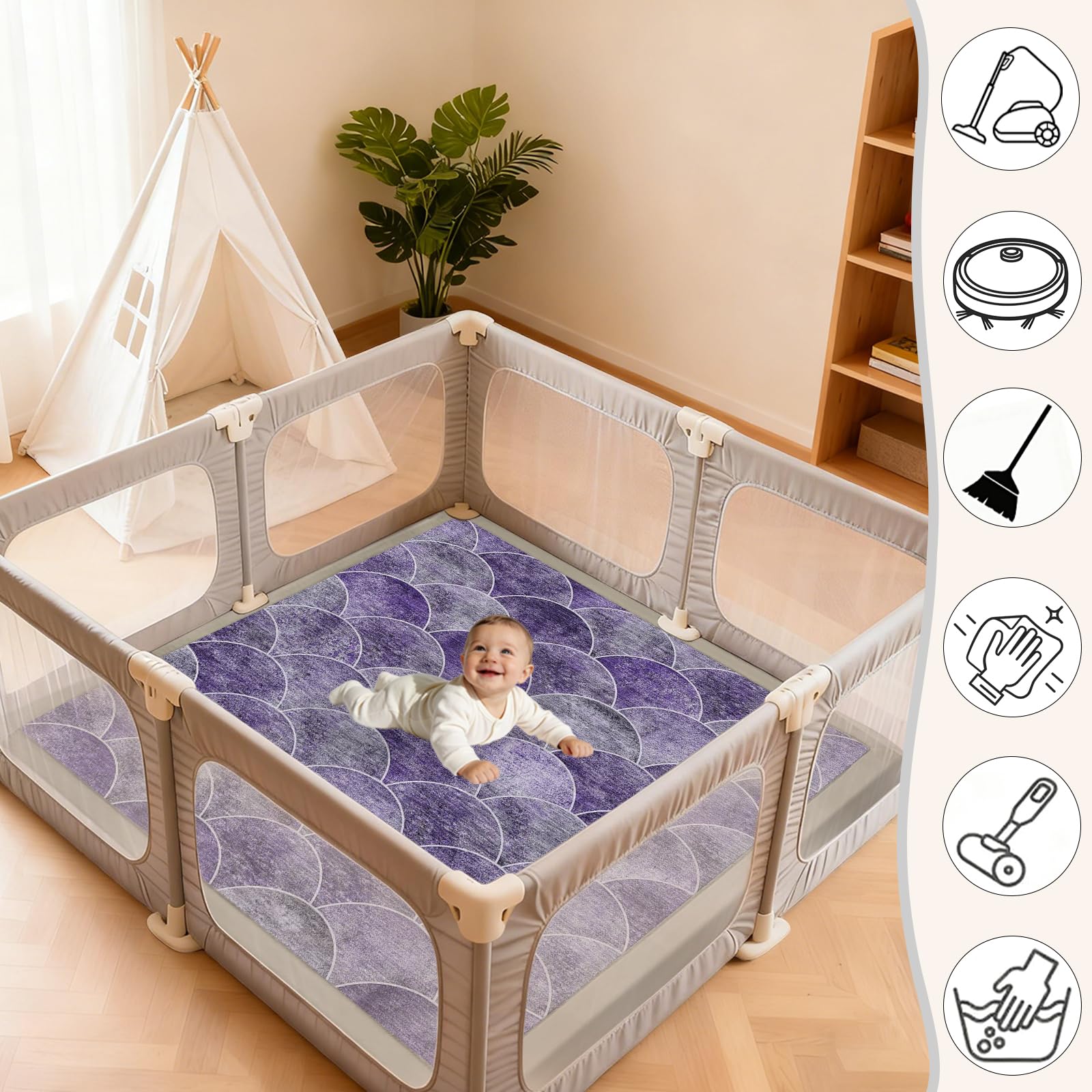 Tappeto Gioco Bambini, Extra Spesso 2 CM, Tappeto attività Morbido con Imbottitura Spessa per Tempo a Pancia in Giù, Base Antiscivolo Sicura per Gattonamento Viola 200 x 260cm