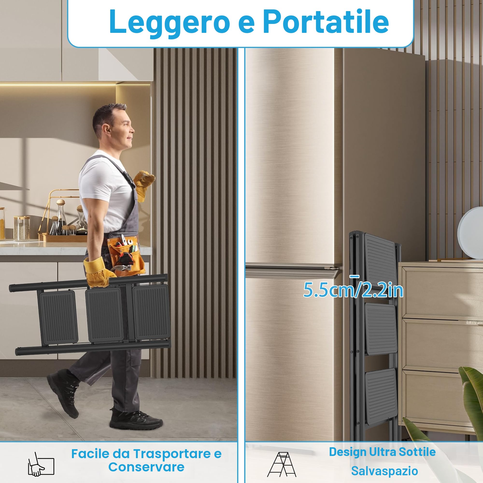 Froadp Scala pieghevole a 3 gradini, antiscivolo, in ferro, multifunzionale, per la casa, la cucina e l'esterno, con portata fino a 250 kg