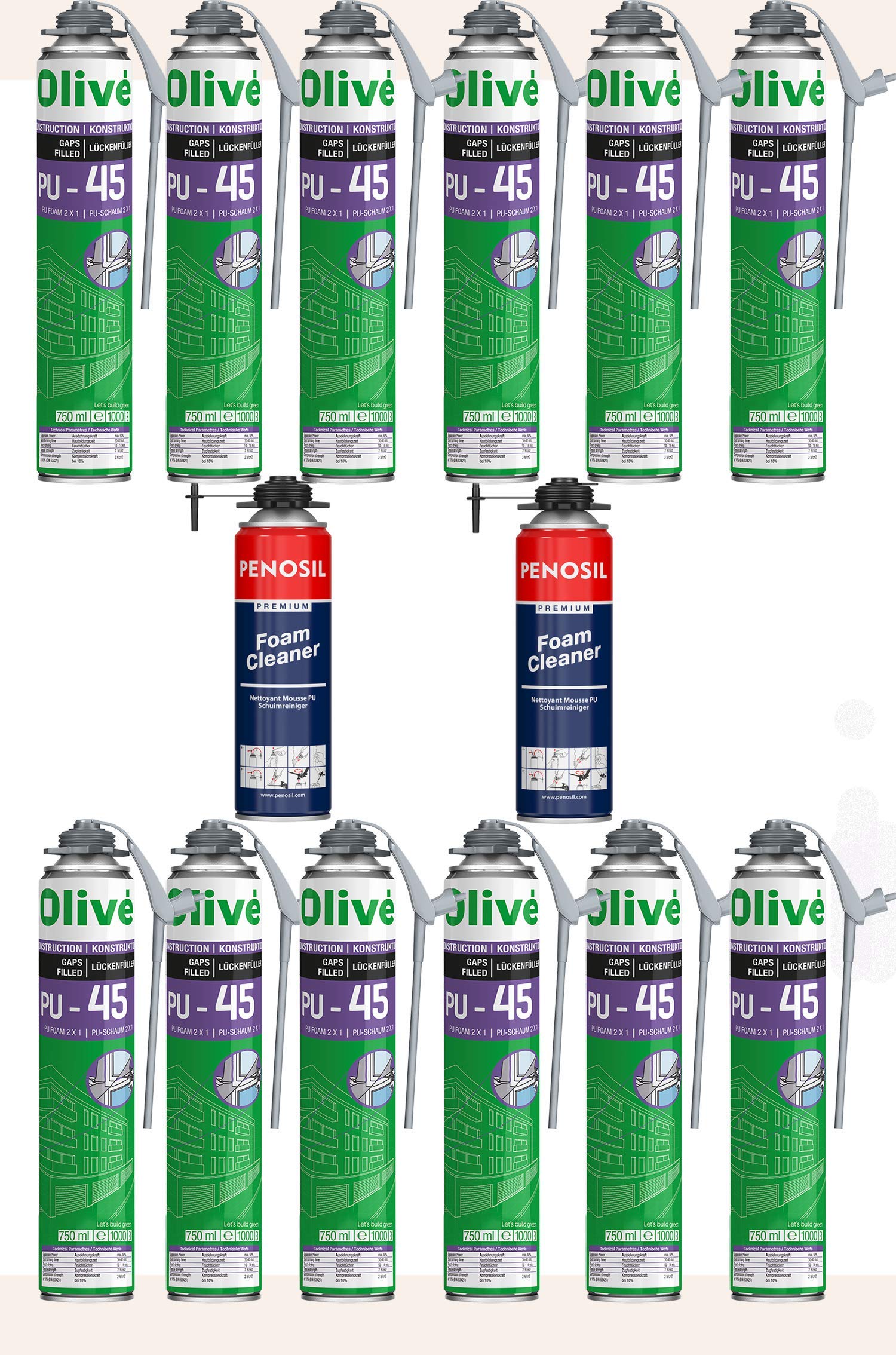 12 espumas expansivas de poliuretano de 750 ml + 2 limpiadores – Expansión modificada – Aplicación pistola y/o manual