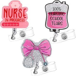 3PCS Future Student Nurse Badge Reels Bundle Set Nursing School Badge Reel with ID Clip Funny Cute Nursing Badges Holder Pink ID Card Name Tag Retractable Clip for Office Work Nurse School