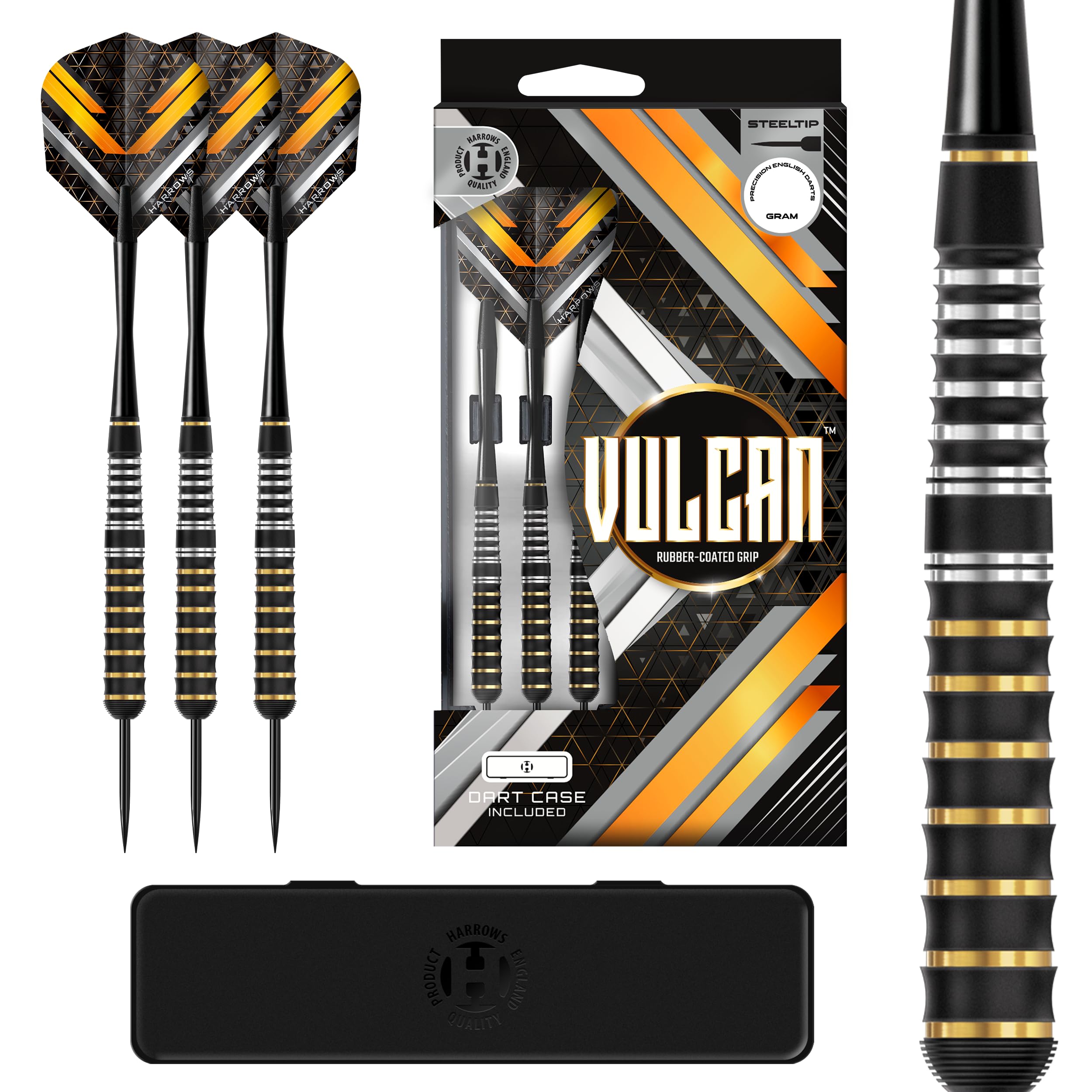 Harrows Vulcan Brass Steel Tip Darts Set in 22g, 24g or 26g โ Rubber Coated Barrels with Speedline Shafts, Vulcan Flights & Dart Case โ Durable Darts for Casual & Competitive Play (26g)