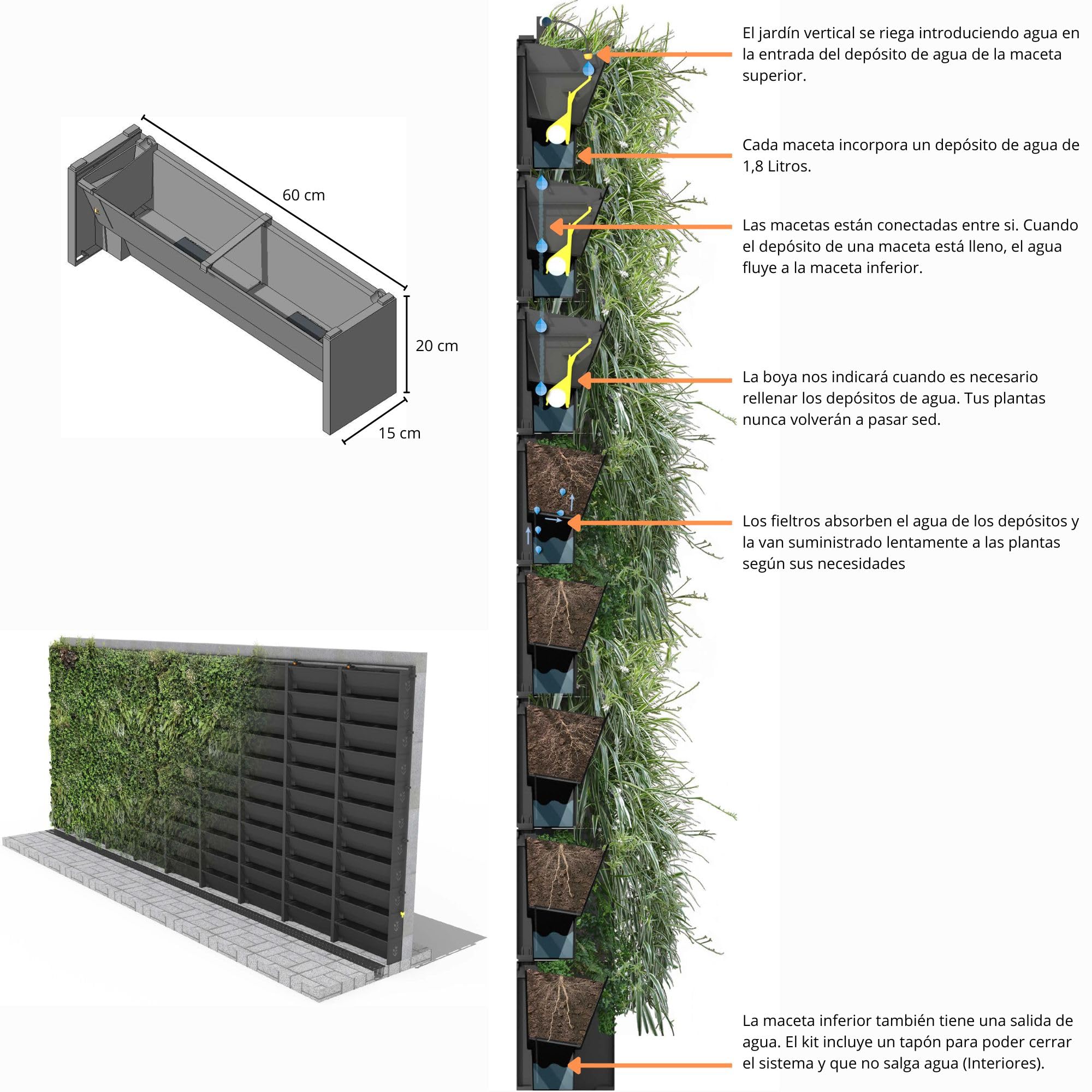 Jardín Vertical, Macetas para Jardines Verticales Naturales en Exterior o Interior, Huerto Urbano Vertical, Sistema Modular con Autorriego, 60 x 200 cm (10 Macetas)