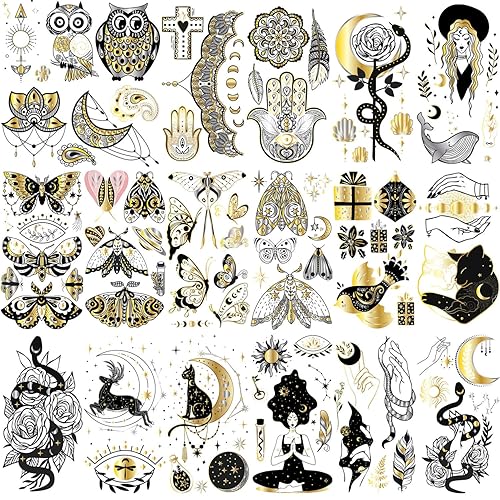 Glaryyears Tatuaje temporal dorado metálico, paquete de 18 tatuajes falsos de larga duración, paquete variado de tatuajes realistas de tamaño