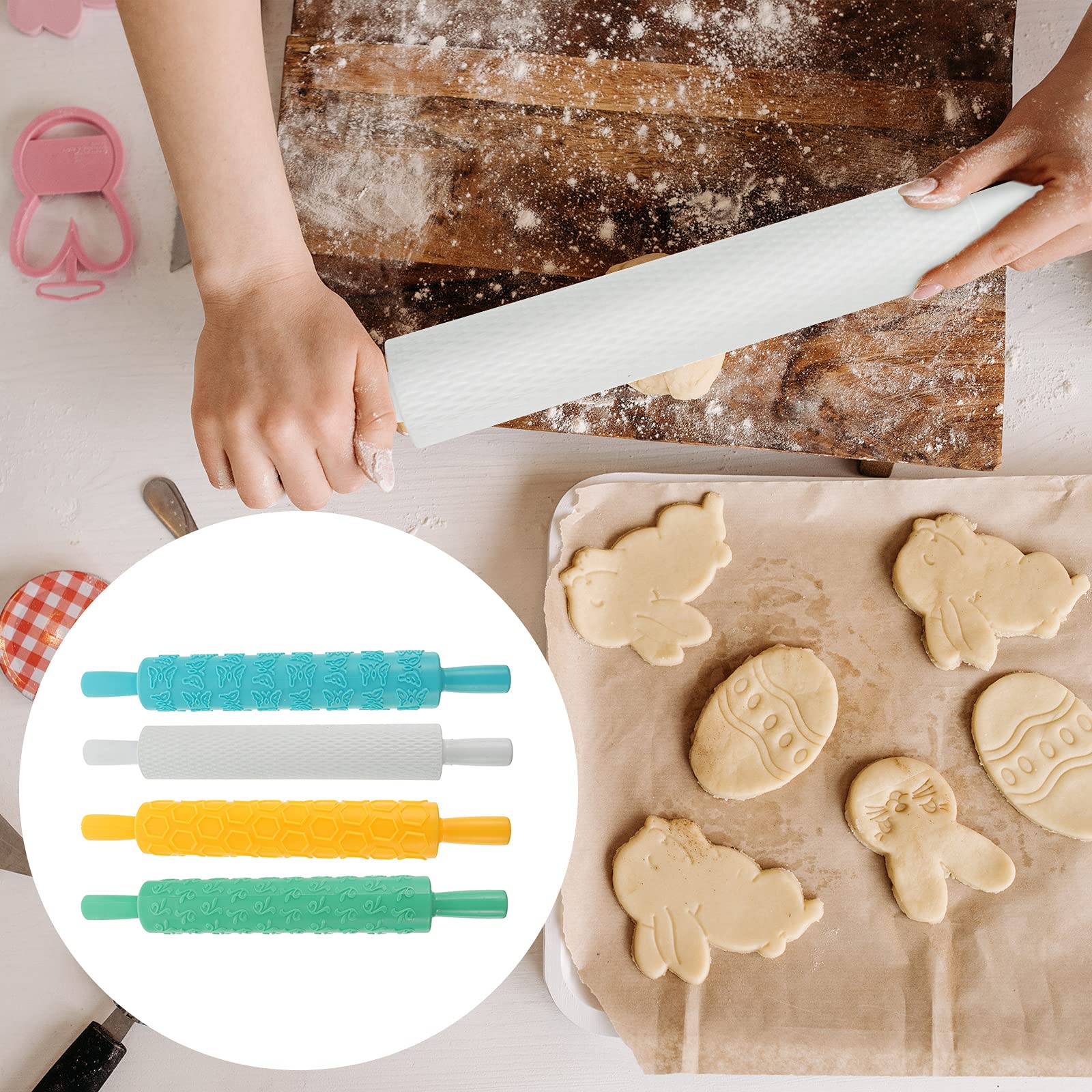 TOYANDONA Rodillo de Plástico Relieve para Repostería y Galletas, Ligero y Creativo, Pack de 4 Piezas para Amasar Masa Textura Uniforme Color Aleatorio
