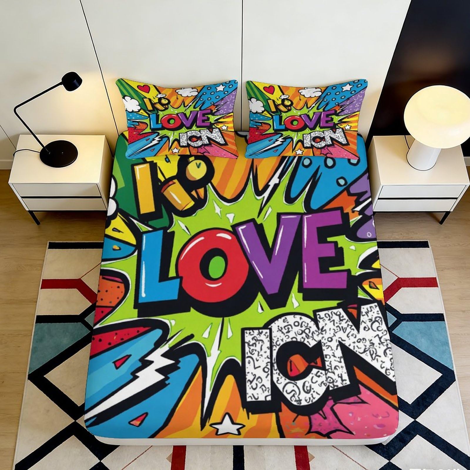 3D Printed Graffiti Fitted Sheet Microfiber Deep Pocket Non-Slip Bedroom Bedding Graffiti Mattress Fitted Cover Full Wrap 200x200x25cm 90x200x25cm