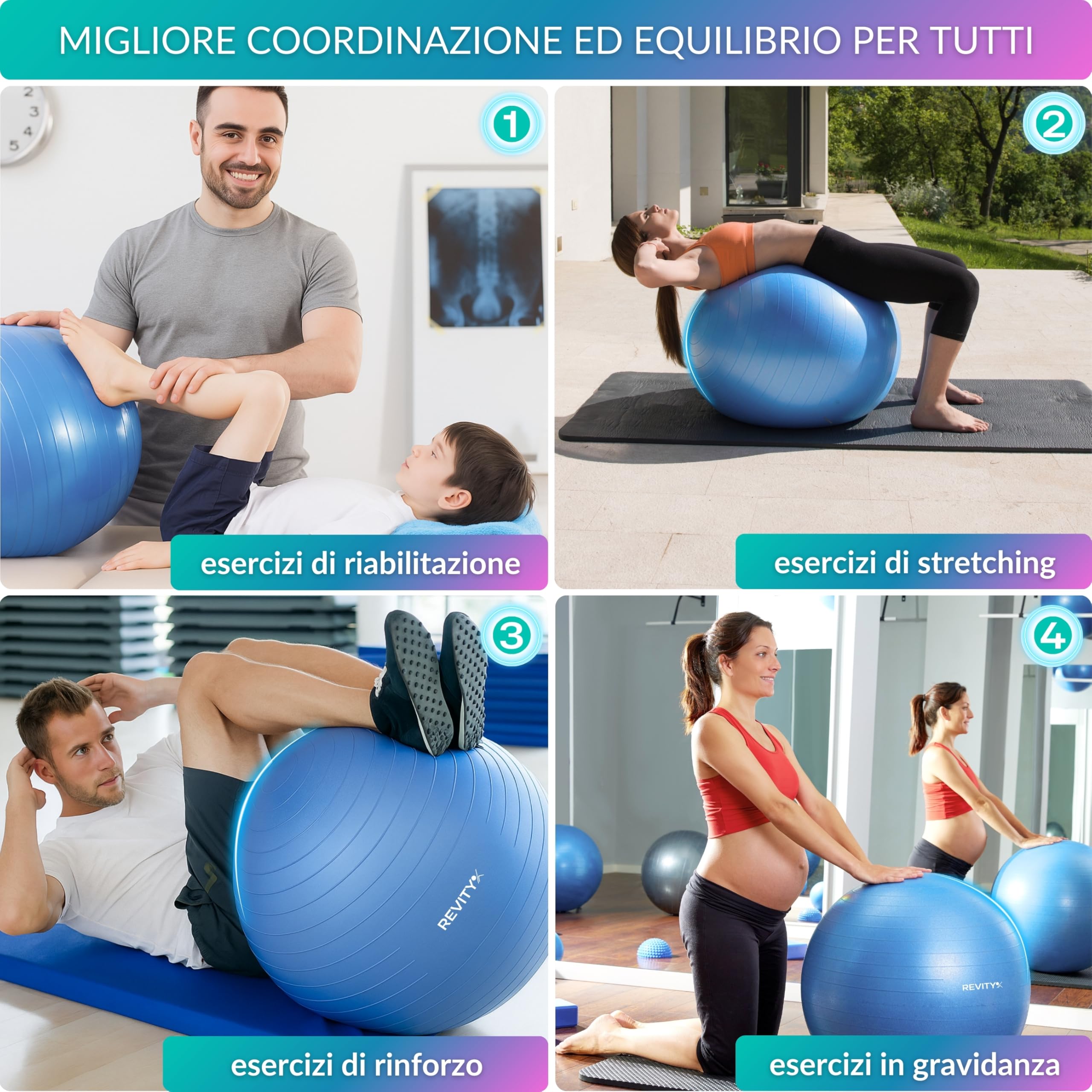 Palla Pilates 65 cm - Fitball Gravidanza Anti-Burst, Palla Pilates Grande per Esercizi e Yoga, Antistatica e Antiscivolo, 250 kg, con Pompa, 2 Valvole e Guida PDF di Allenamento