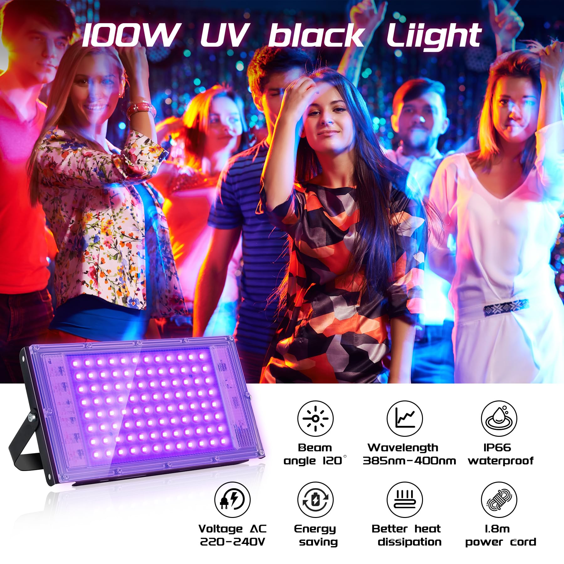 UV Schwarzlicht 2 Stück, 100W Blacklight, IP66 Wasserdichte Schwarzlicht Led Strahler, UV Licht Schwarzlichtlampe, für Disco, Glow Party, Halloween Deko, Bühnenbeleuchtung, Party Zubehör