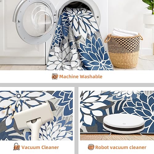 Miniatura 4 de Alfombra de área para exteriores de 5x8 pies, lavable, multicolor, alfombra de patio tropical botánica floral de felpilla impermeable para Azul