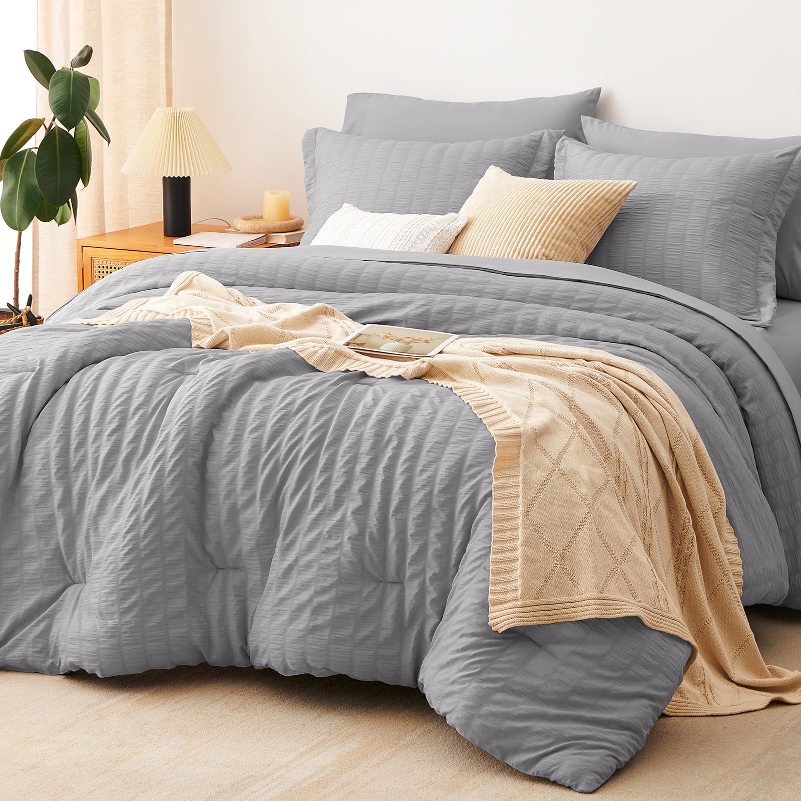 CozyLux Oversized King Comforter Set 120x98 in, 7-Piece Grey Seersucker
