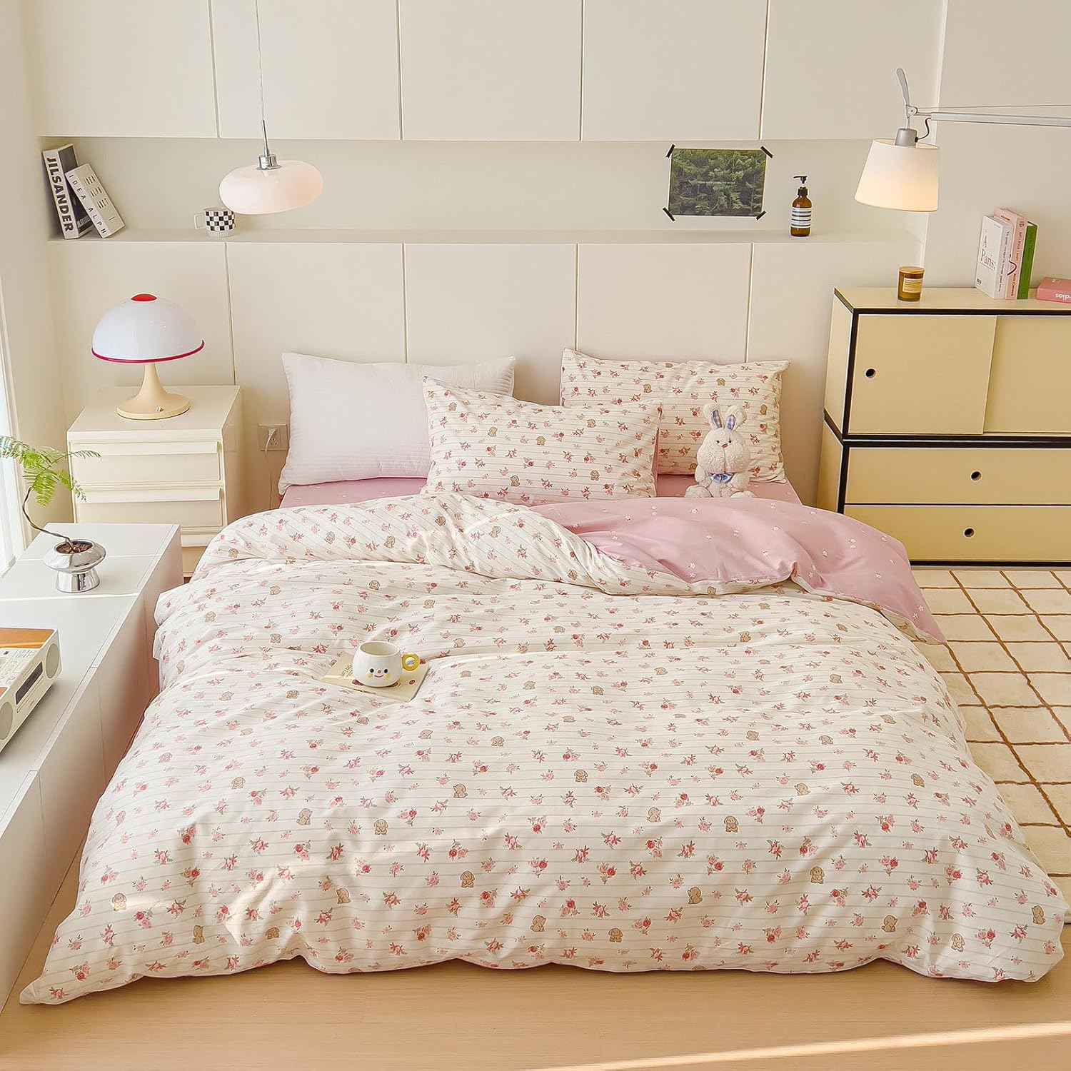 AOJIM Aesthetic Striped Duvet Cover Set with Floral and Rabbit Pattern, 1 Cotton Comforter Cover and 2 Pillowcases, Soft Durable Kids Duvet Cover Twin Size, Pink Bedding for Room Decor, No Comforter